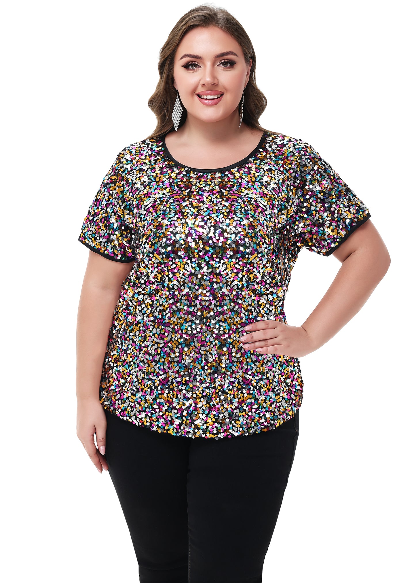 Anna-Kaci Womens Sequin Tops Plus Size Round Neck Sparkle Glitter Short Sleeve Party Tunic Blouse