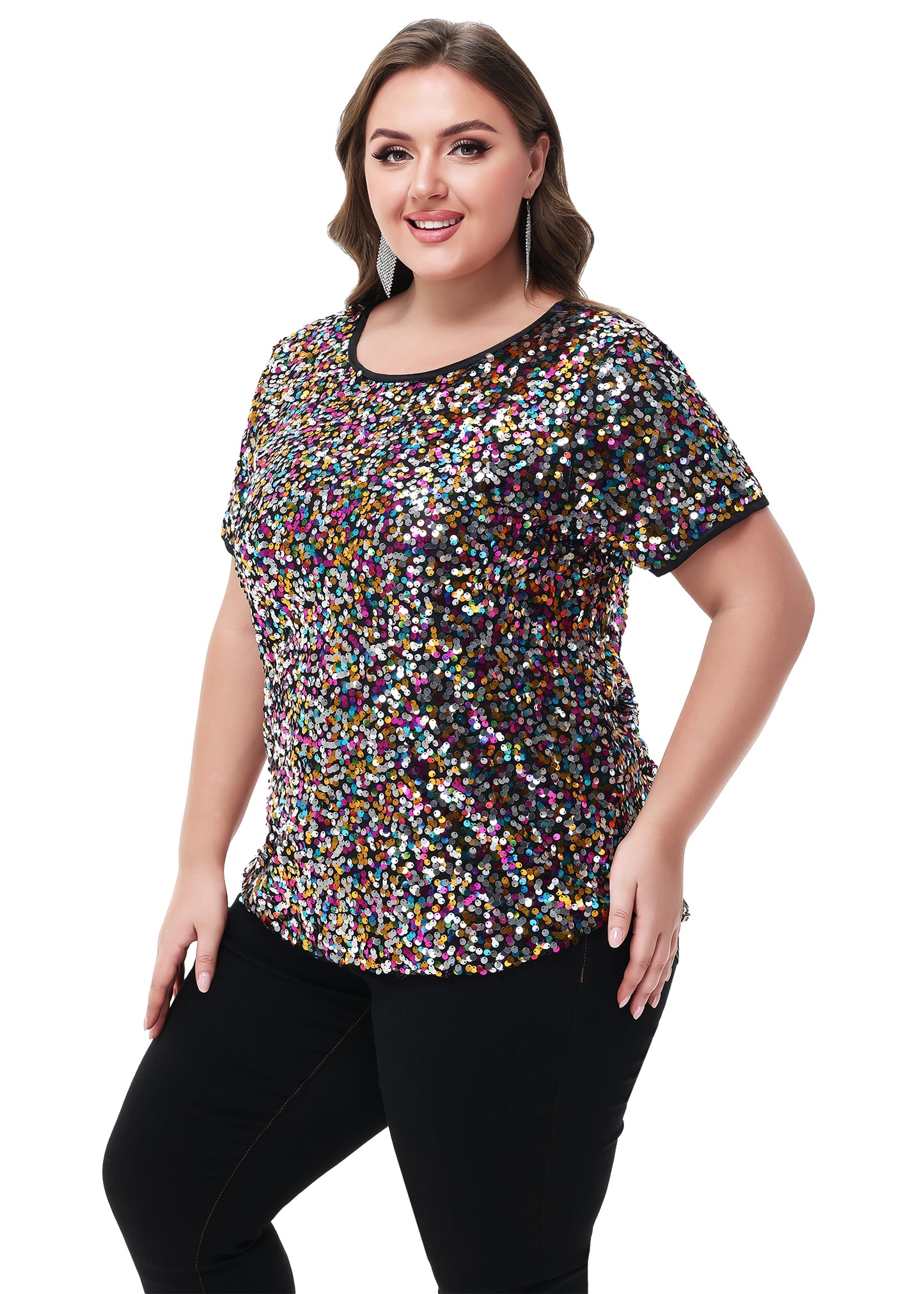 Anna-Kaci Womens Sequin Tops Plus Size Round Neck Sparkle Glitter Short Sleeve Party Tunic Blouse