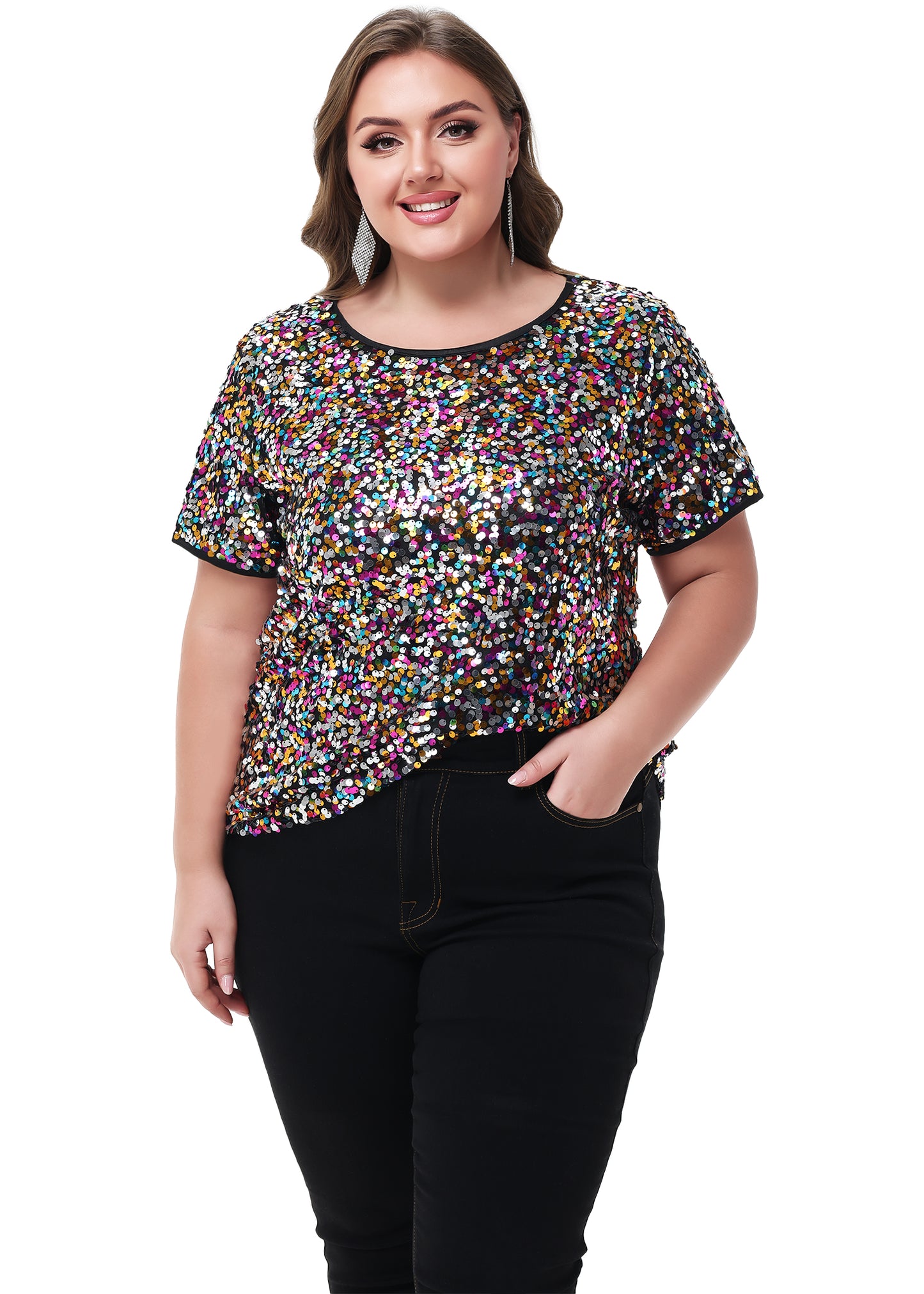 Anna-Kaci Womens Sequin Tops Plus Size Round Neck Sparkle Glitter Short Sleeve Party Tunic Blouse