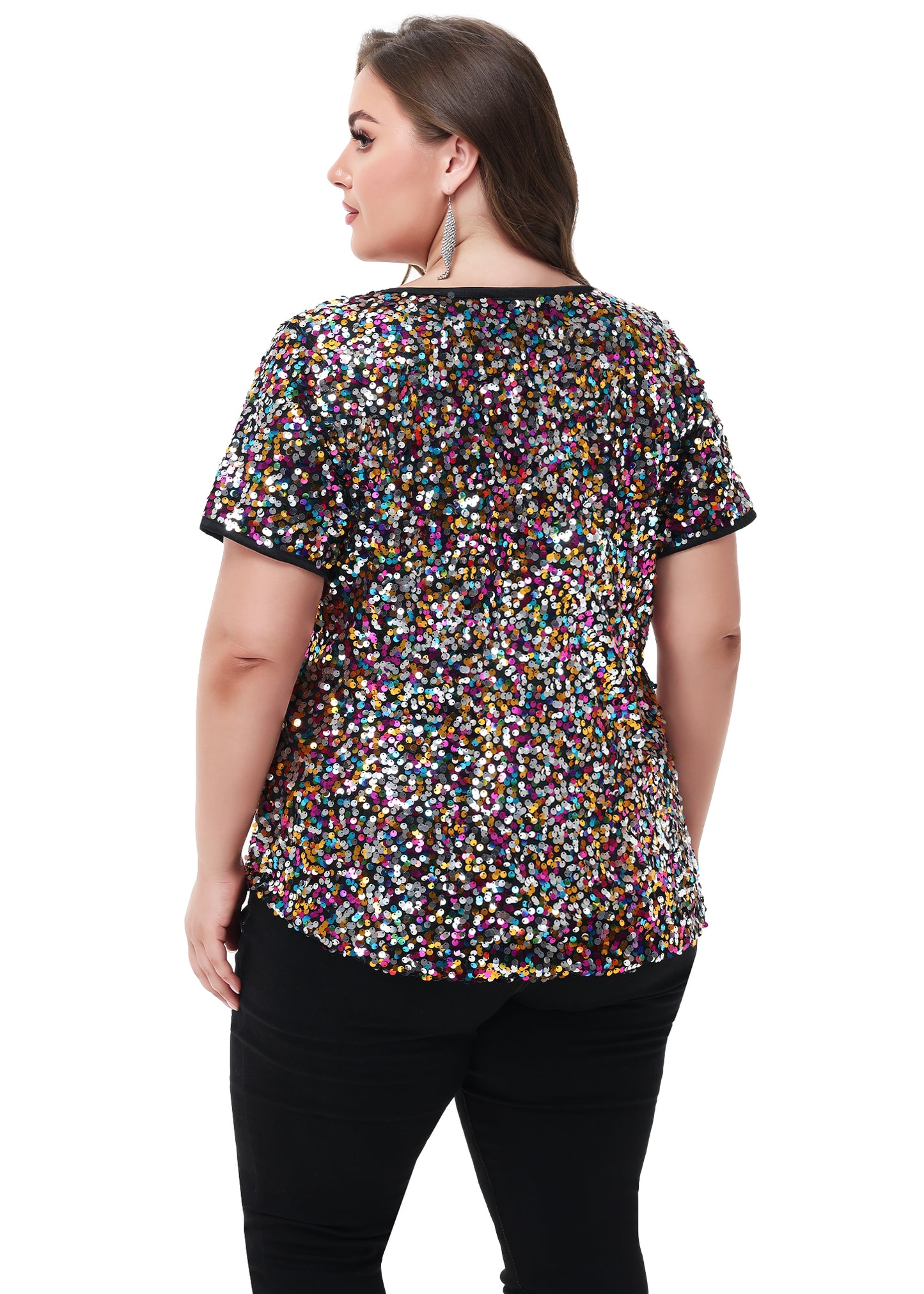 Anna-Kaci Womens Sequin Tops Plus Size Round Neck Sparkle Glitter Short Sleeve Party Tunic Blouse