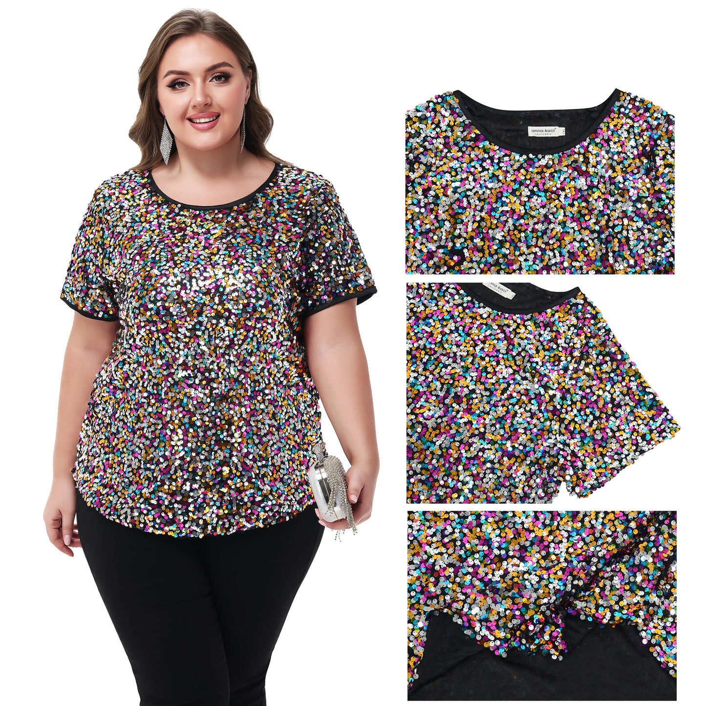 Anna-Kaci Womens Sequin Tops Plus Size Round Neck Sparkle Glitter Short Sleeve Party Tunic Blouse