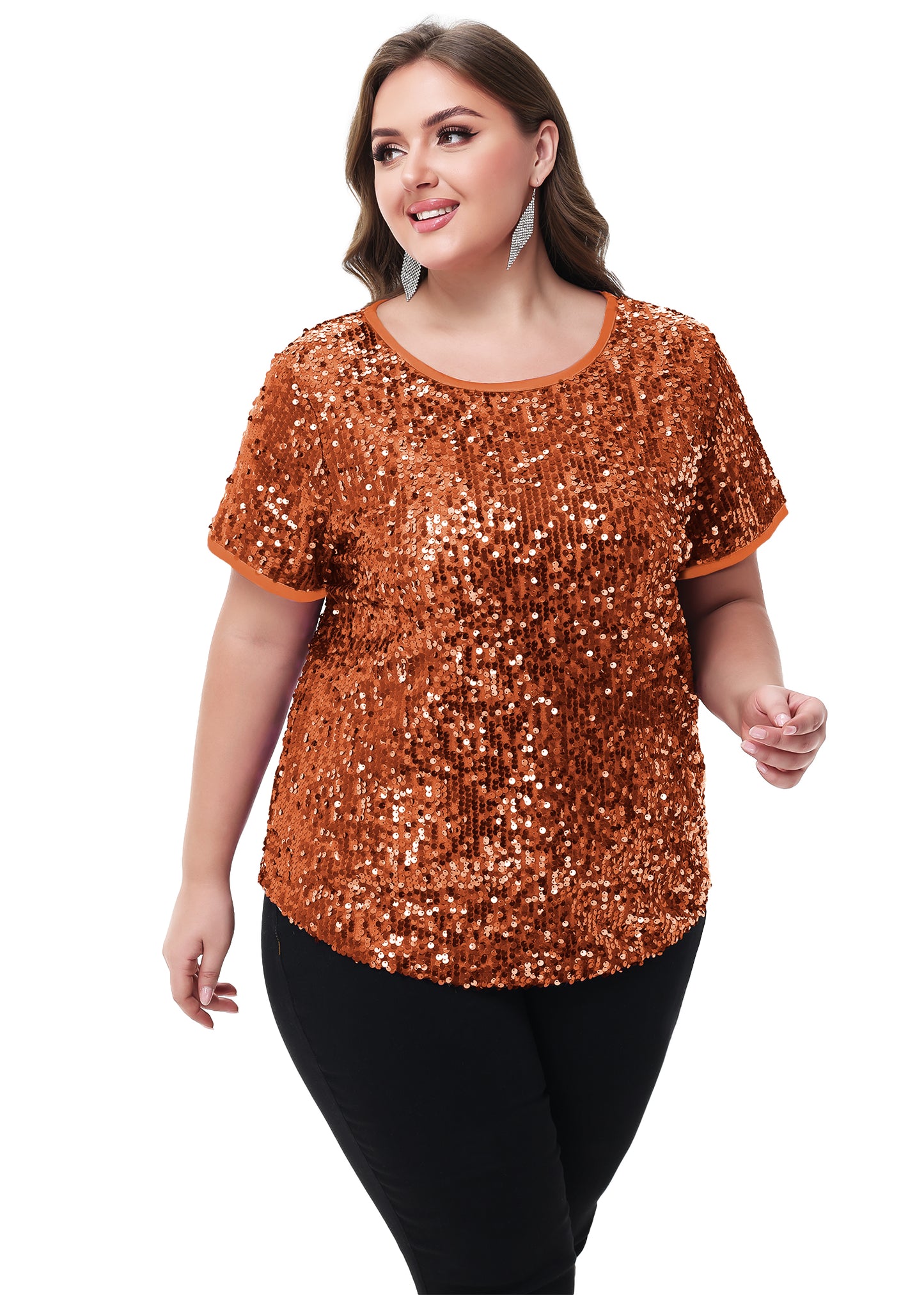 Anna-Kaci Womens Sequin Tops Plus Size Round Neck Sparkle Glitter Short Sleeve Party Tunic Blouse