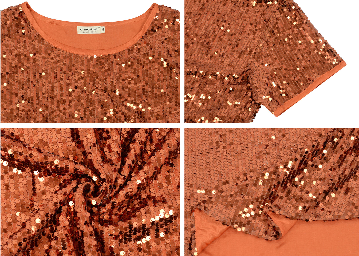 Anna-Kaci Womens Sequin Tops Plus Size Round Neck Sparkle Glitter Short Sleeve Party Tunic Blouse