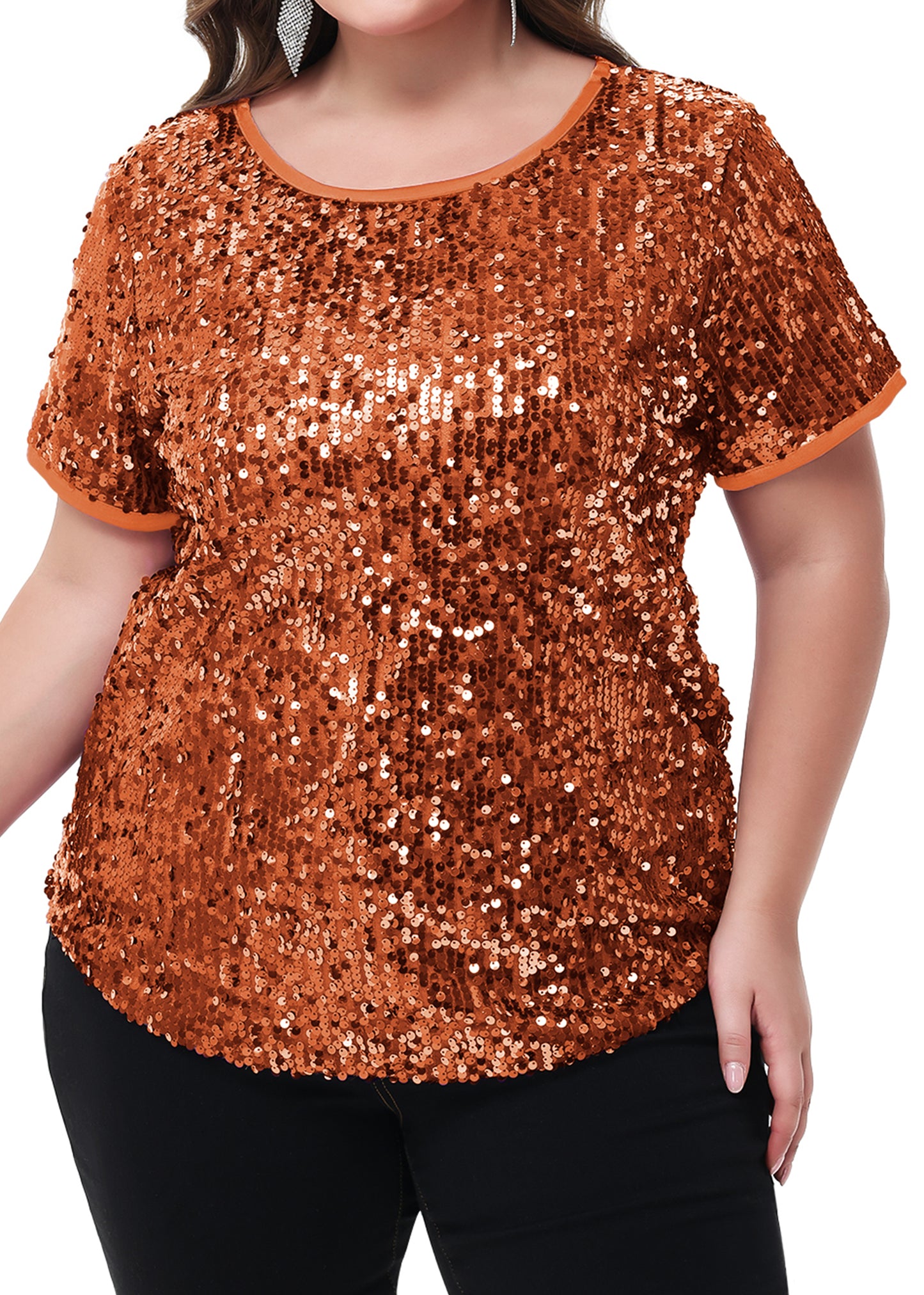 Anna-Kaci Womens Sequin Tops Plus Size Round Neck Sparkle Glitter Short Sleeve Party Tunic Blouse