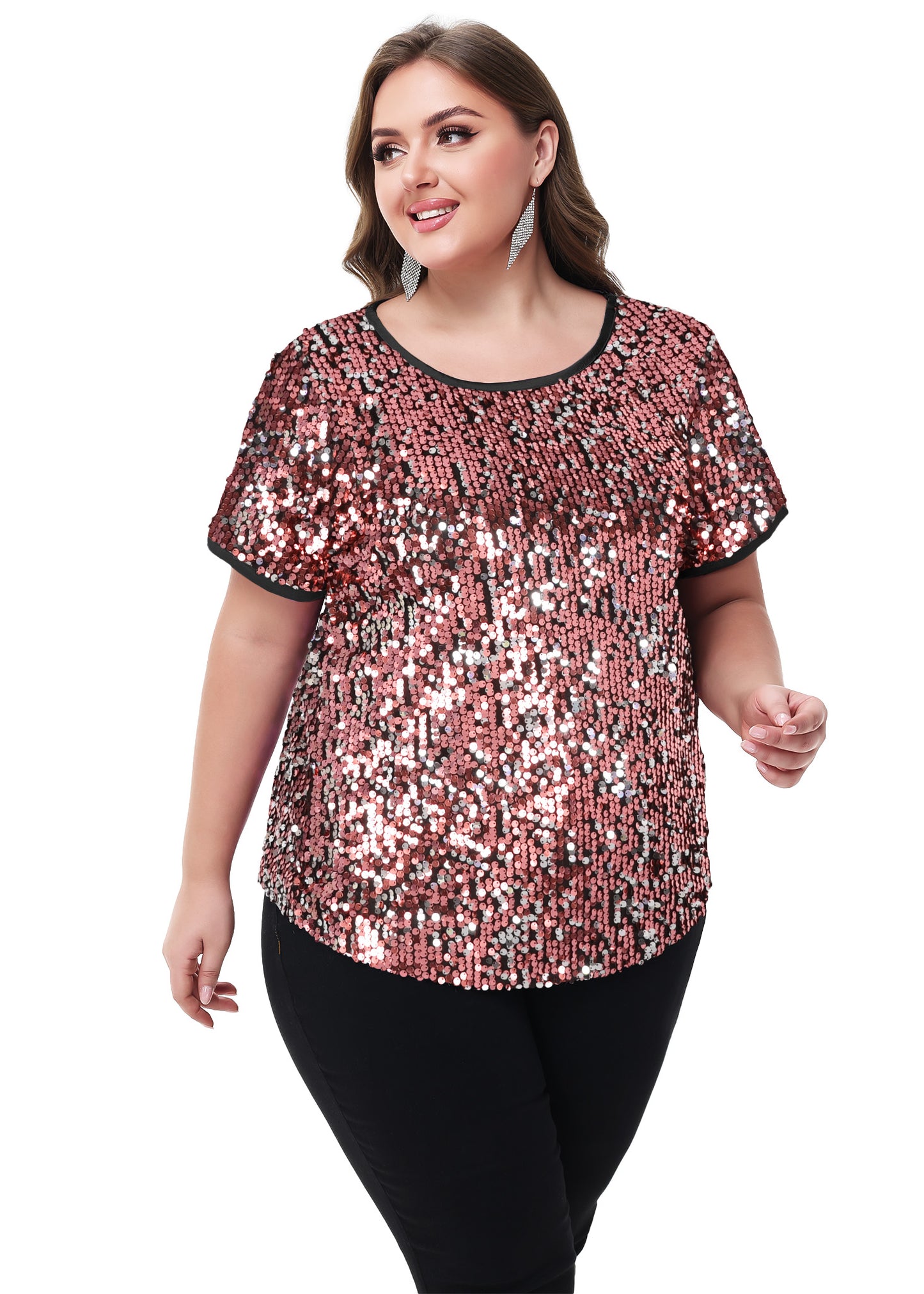 Anna-Kaci Womens Sequin Tops Plus Size Round Neck Sparkle Glitter Short Sleeve Party Tunic Blouse
