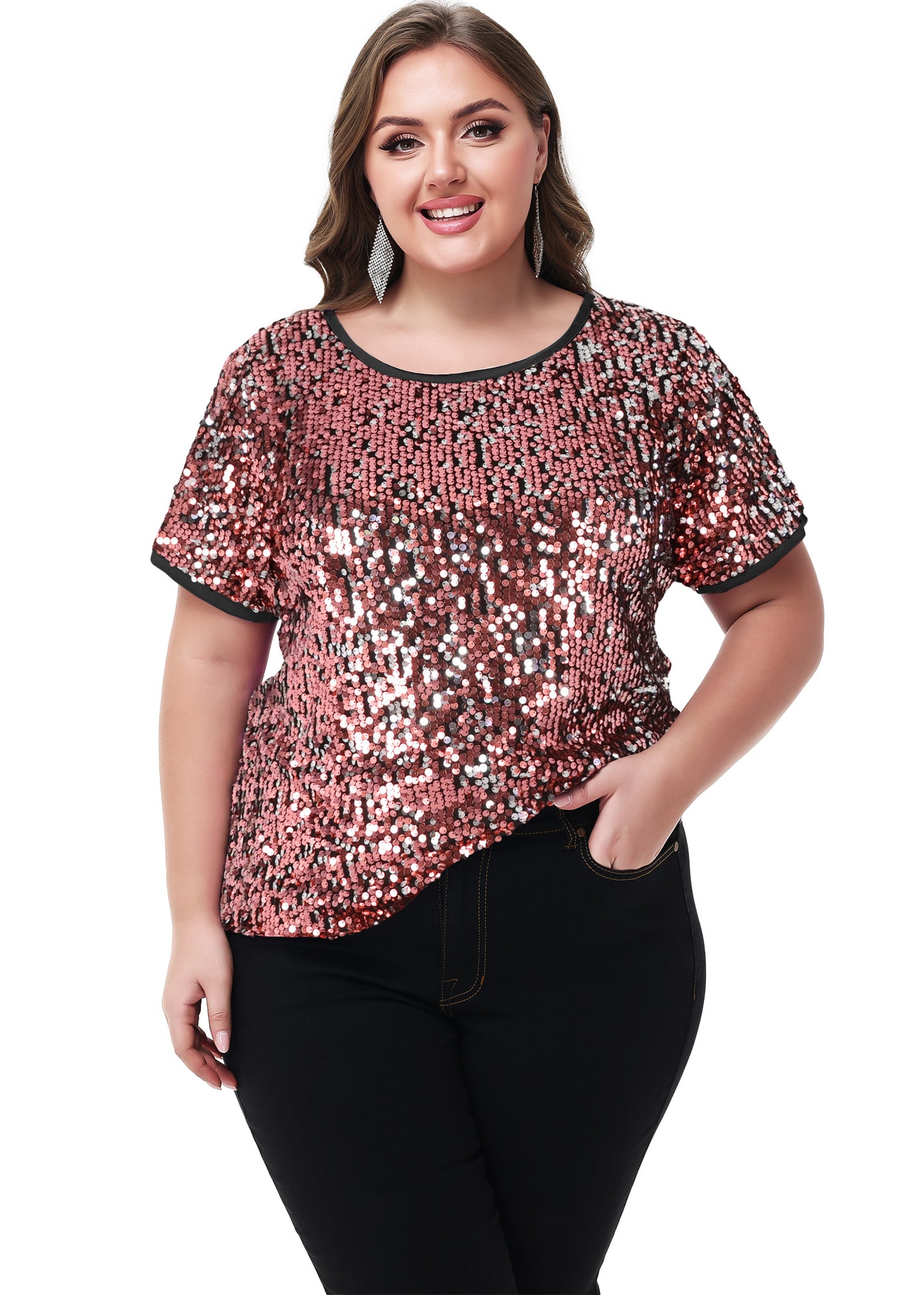 Anna-Kaci Womens Sequin Tops Plus Size Round Neck Sparkle Glitter Short Sleeve Party Tunic Blouse