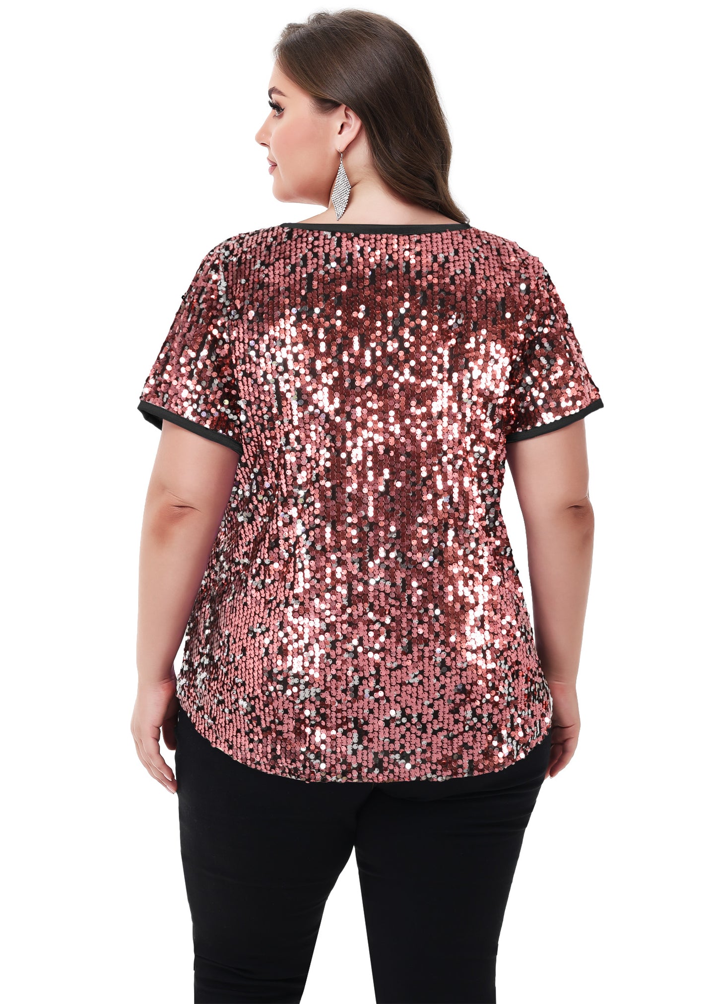 Anna-Kaci Womens Sequin Tops Plus Size Round Neck Sparkle Glitter Short Sleeve Party Tunic Blouse