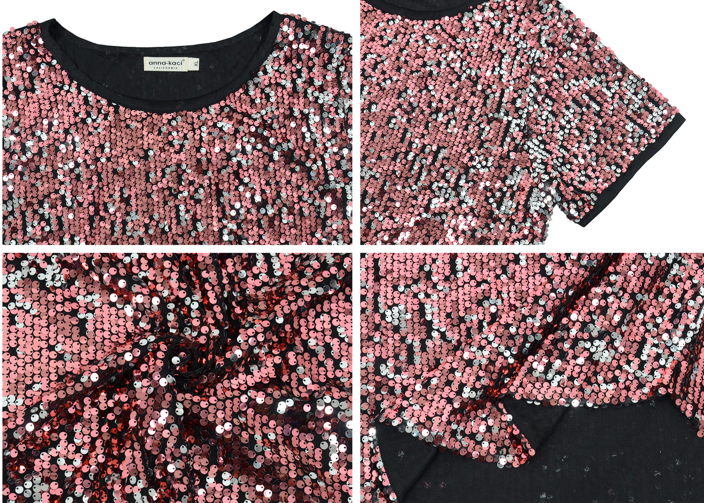 Anna-Kaci Womens Sequin Tops Plus Size Round Neck Sparkle Glitter Short Sleeve Party Tunic Blouse