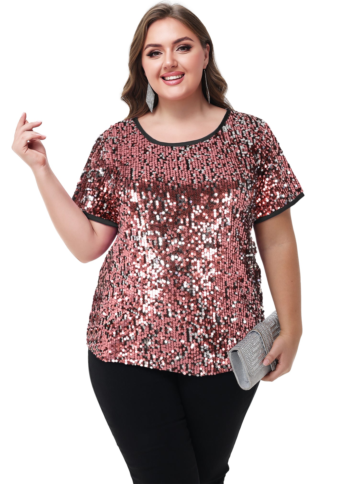 Anna-Kaci Womens Sequin Tops Plus Size Round Neck Sparkle Glitter Short Sleeve Party Tunic Blouse