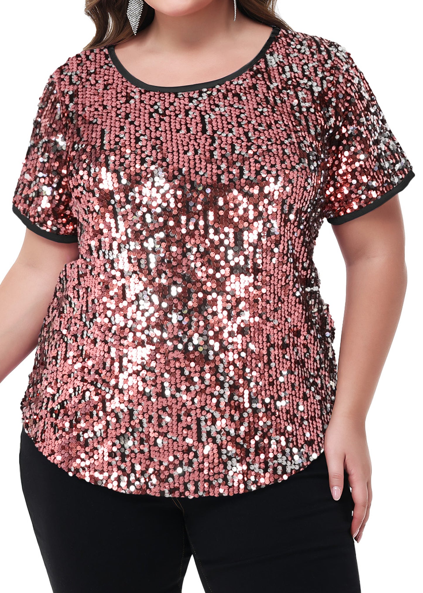 Anna-Kaci Womens Sequin Tops Plus Size Round Neck Sparkle Glitter Short Sleeve Party Tunic Blouse