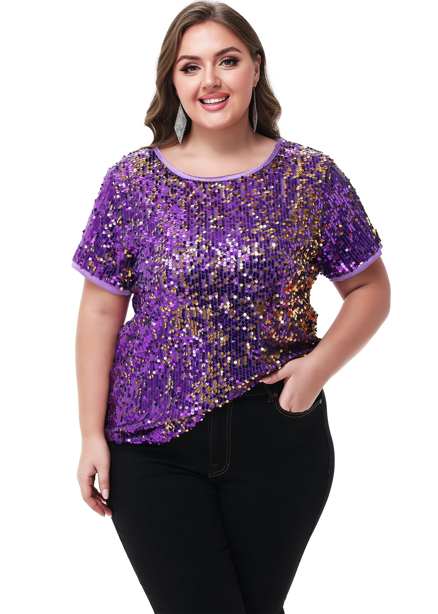 Anna-Kaci Womens Sequin Tops Plus Size Round Neck Sparkle Glitter Short Sleeve Party Tunic Blouse