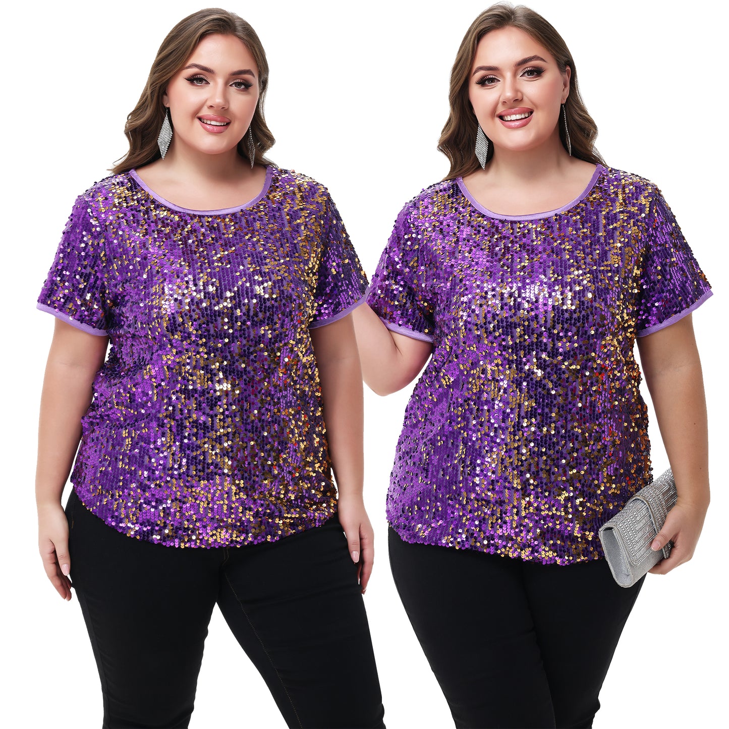 Anna-Kaci Womens Sequin Tops Plus Size Round Neck Sparkle Glitter Short Sleeve Party Tunic Blouse