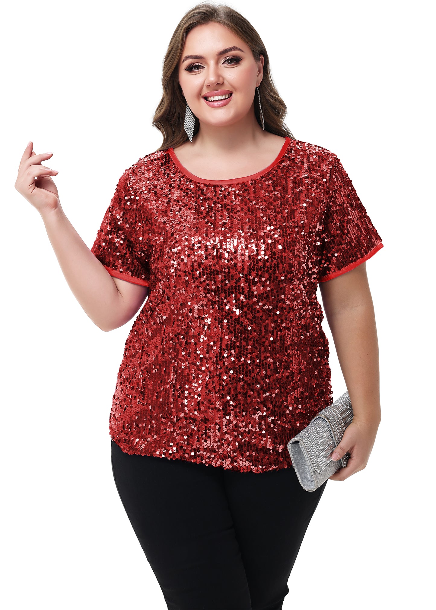 Anna-Kaci Womens Sequin Tops Plus Size Round Neck Sparkle Glitter Short Sleeve Party Tunic Blouse