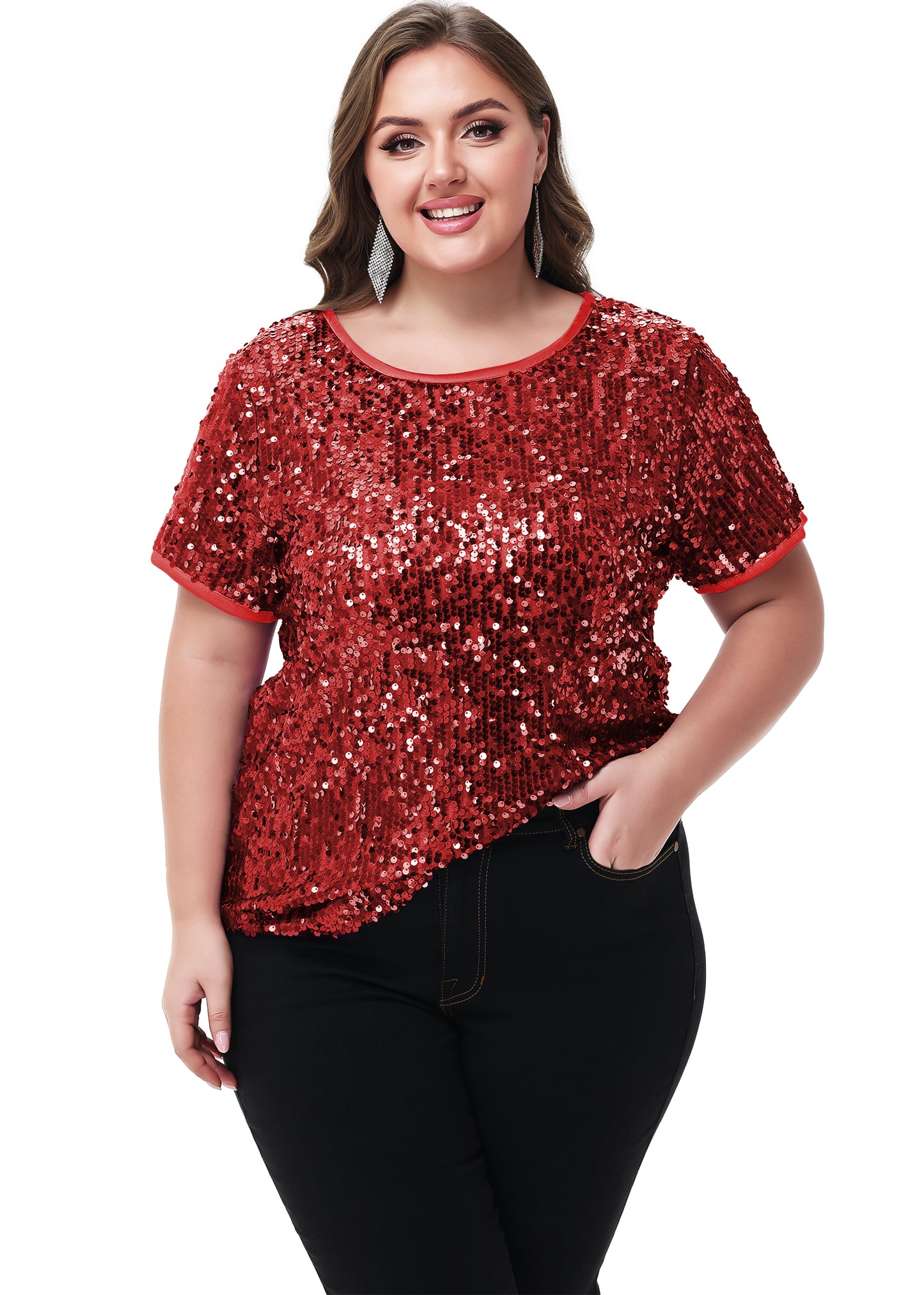 Anna-Kaci Womens Sequin Tops Plus Size Round Neck Sparkle Glitter Short Sleeve Party Tunic Blouse