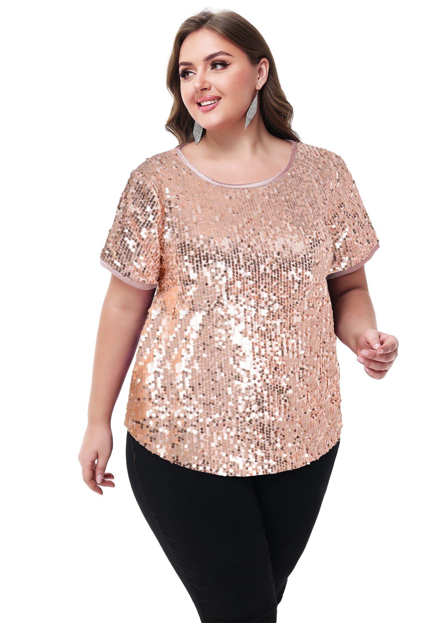 Anna-Kaci Womens Sequin Tops Plus Size Round Neck Sparkle Glitter Short Sleeve Party Tunic Blouse