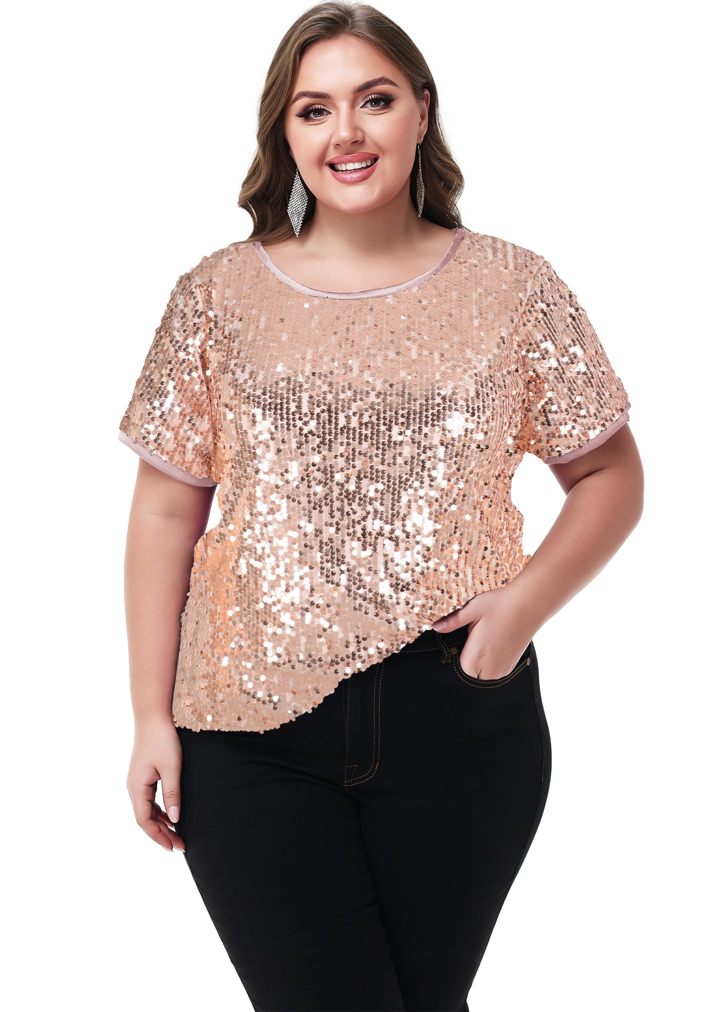 Anna-Kaci Womens Sequin Tops Plus Size Round Neck Sparkle Glitter Short Sleeve Party Tunic Blouse