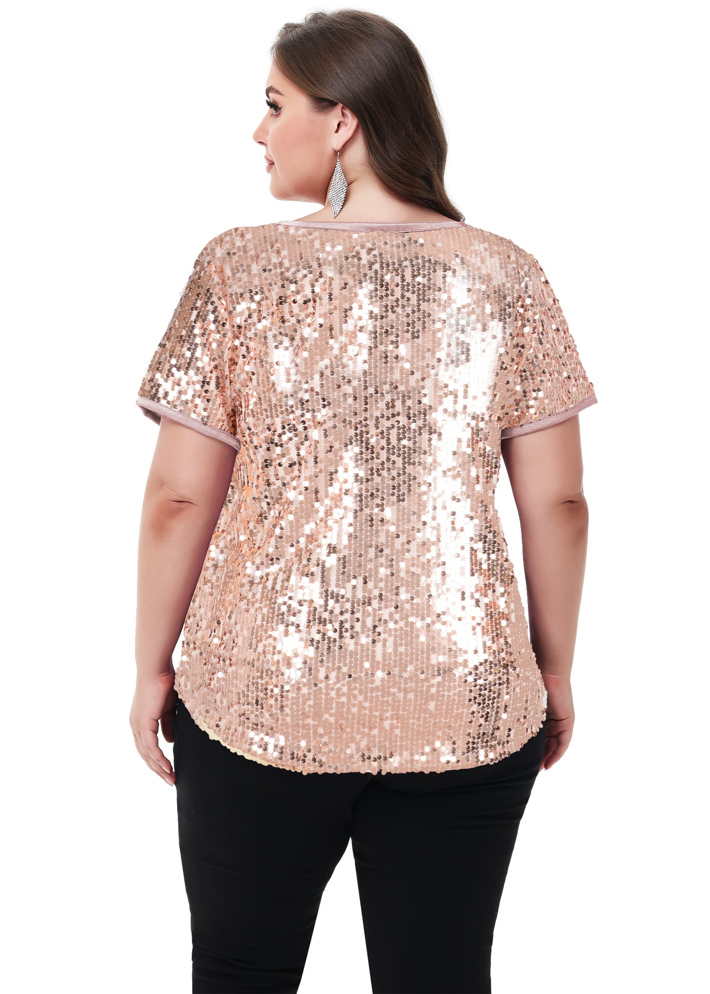 Anna-Kaci Womens Sequin Tops Plus Size Round Neck Sparkle Glitter Short Sleeve Party Tunic Blouse