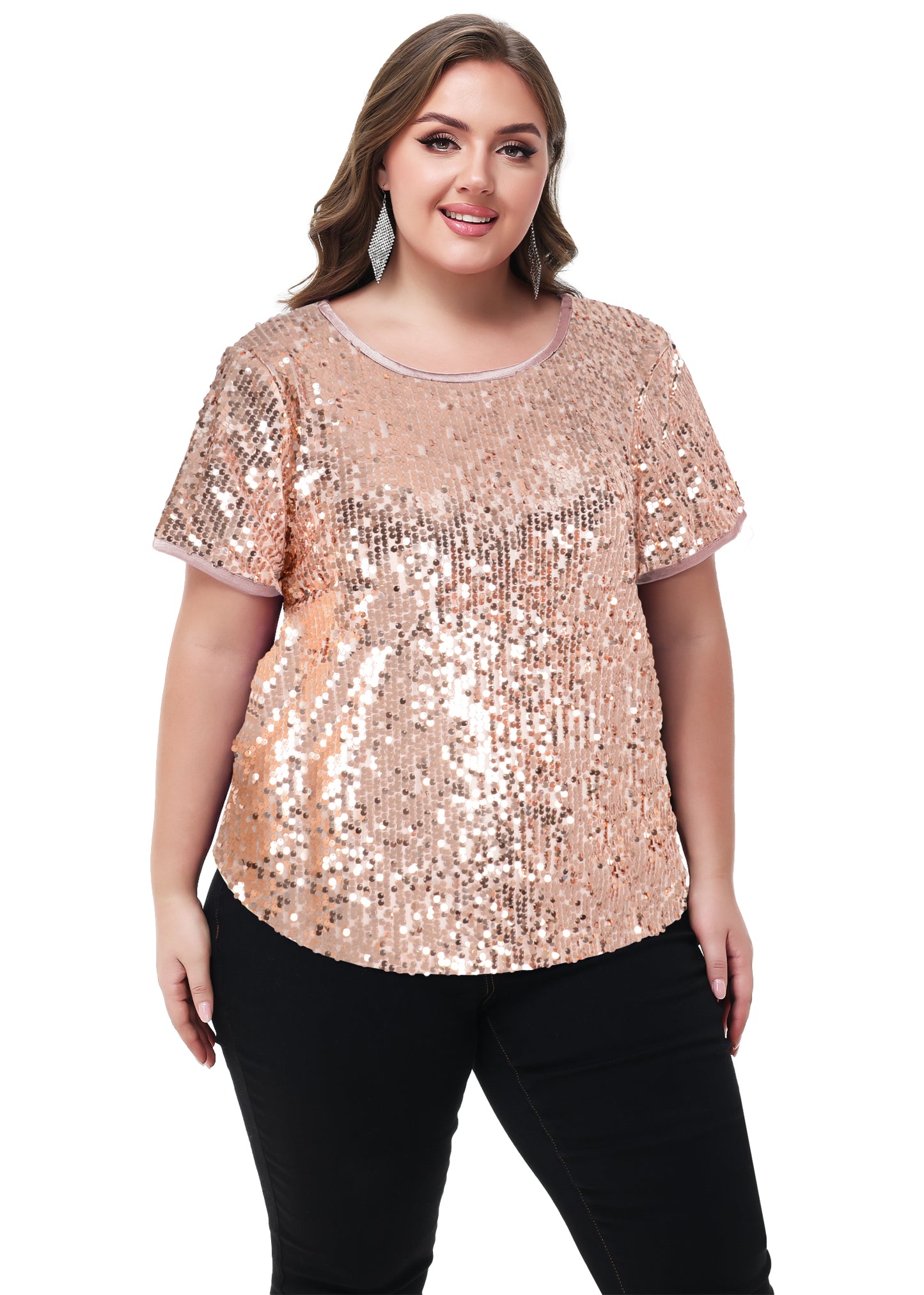 Anna-Kaci Womens Sequin Tops Plus Size Round Neck Sparkle Glitter Short Sleeve Party Tunic Blouse