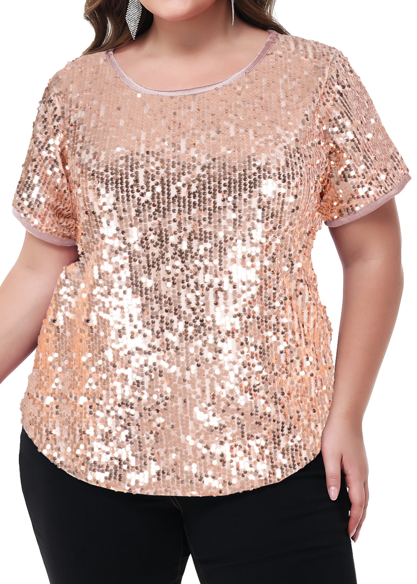 Anna-Kaci Womens Sequin Tops Plus Size Round Neck Sparkle Glitter Short Sleeve Party Tunic Blouse