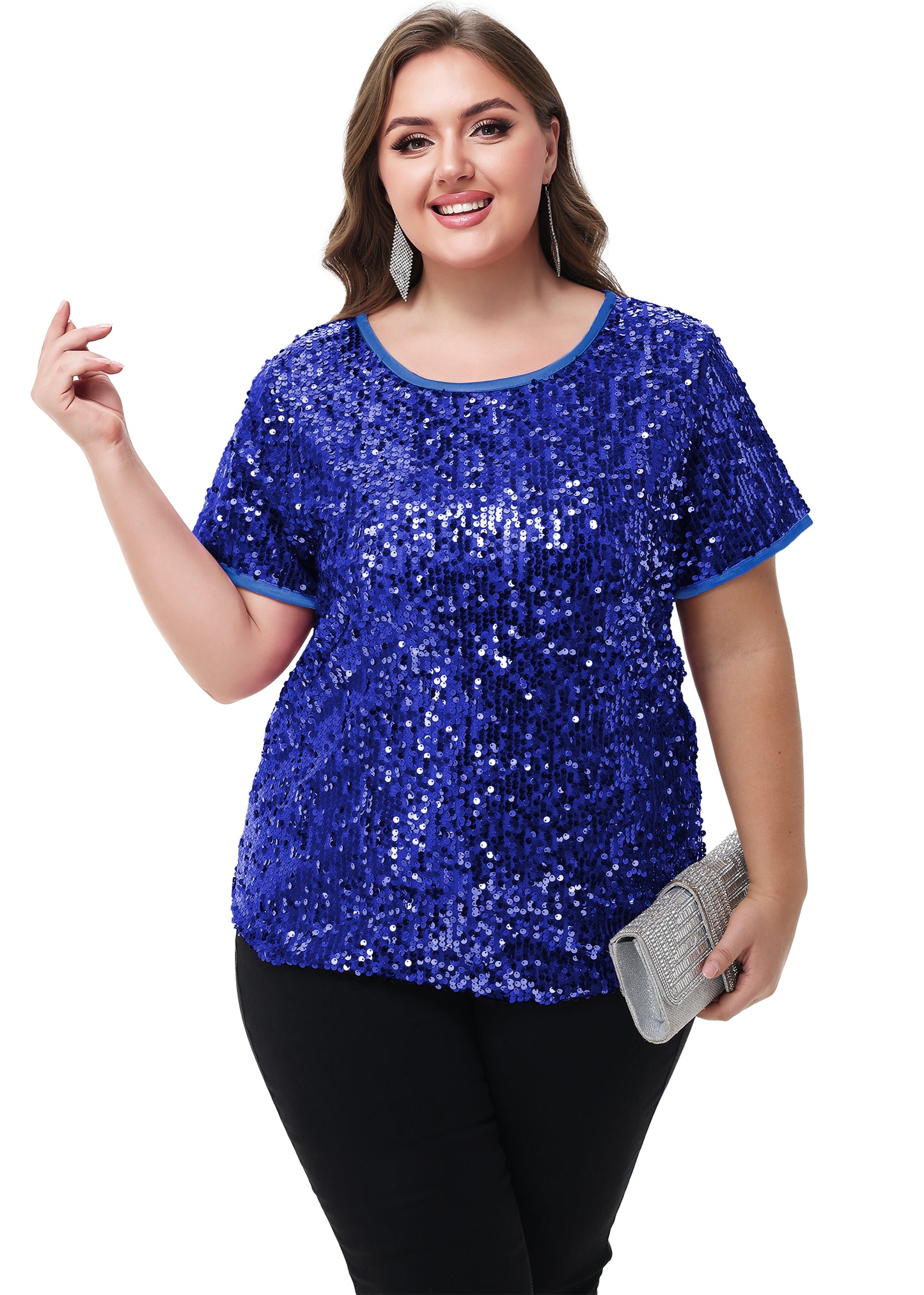 Anna-Kaci Womens Sequin Tops Plus Size Round Neck Sparkle Glitter Short Sleeve Party Tunic Blouse