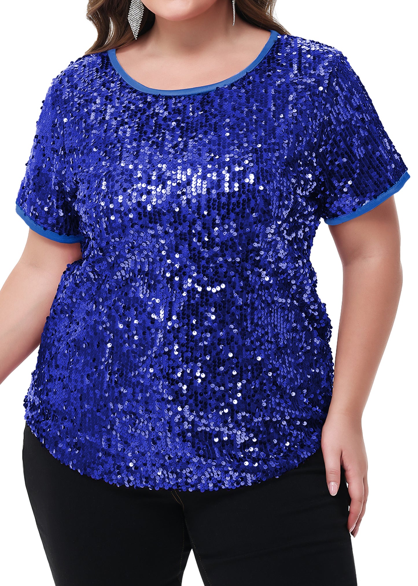 Anna-Kaci Womens Sequin Tops Plus Size Round Neck Sparkle Glitter Short Sleeve Party Tunic Blouse