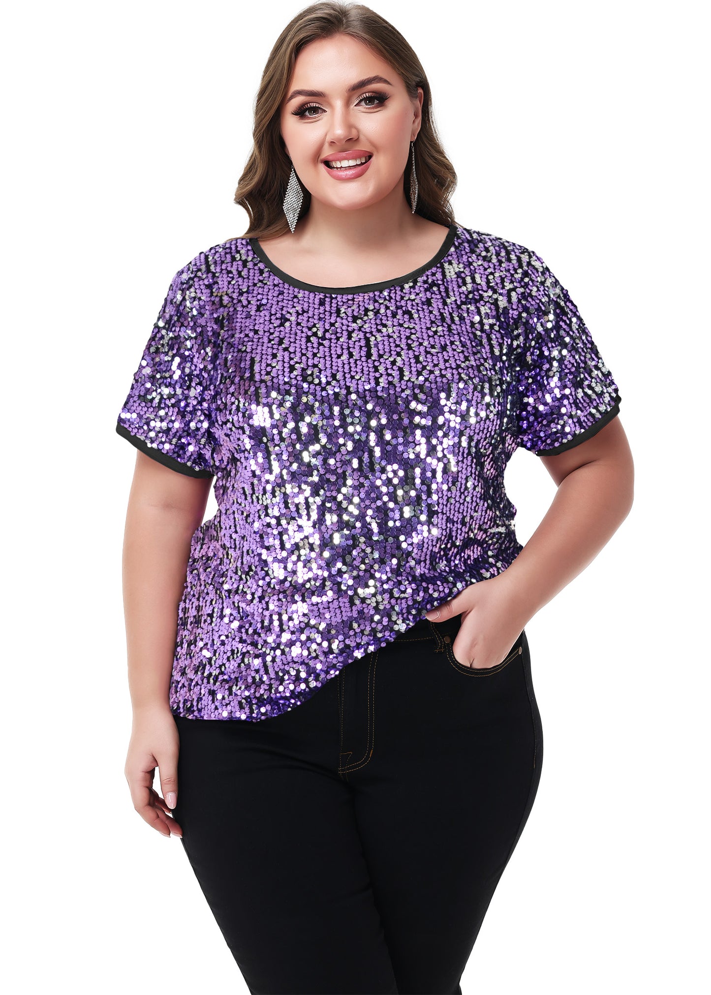 Anna-Kaci Womens Sequin Tops Plus Size Round Neck Sparkle Glitter Short Sleeve Party Tunic Blouse