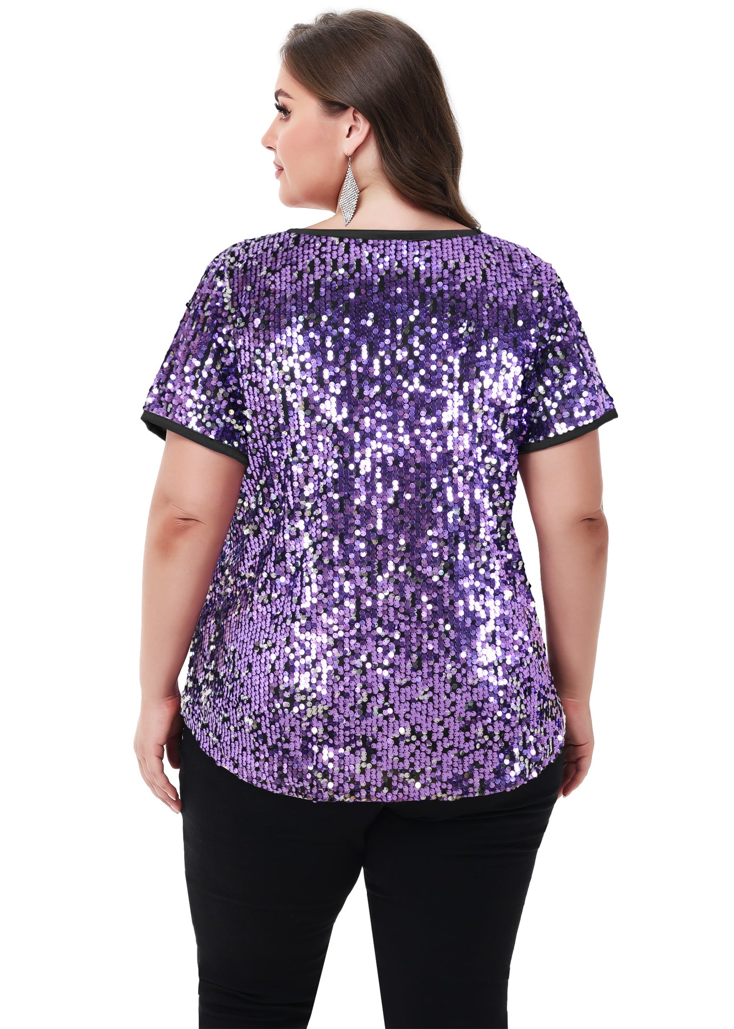 Anna-Kaci Womens Sequin Tops Plus Size Round Neck Sparkle Glitter Short Sleeve Party Tunic Blouse
