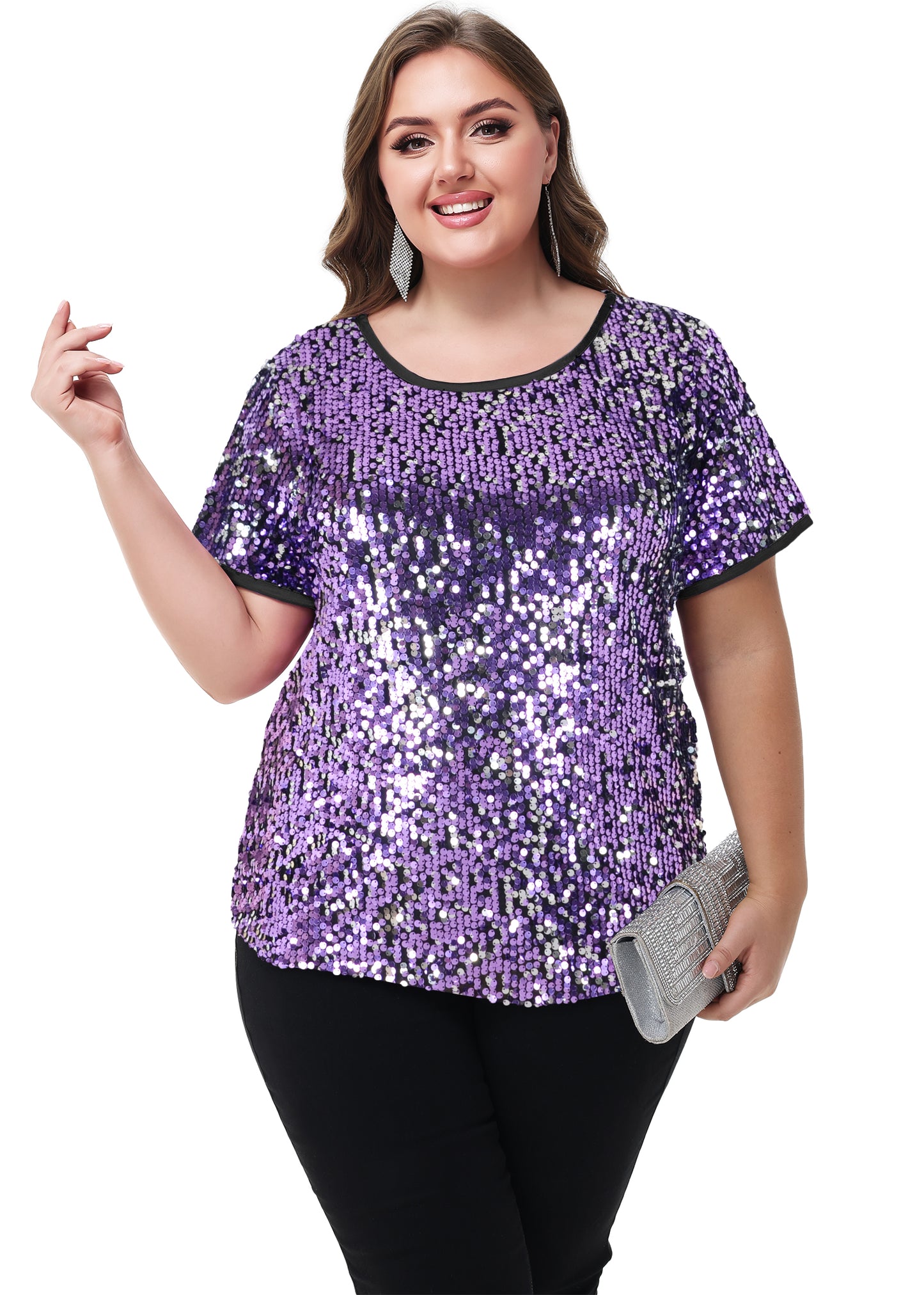 Anna-Kaci Womens Sequin Tops Plus Size Round Neck Sparkle Glitter Short Sleeve Party Tunic Blouse