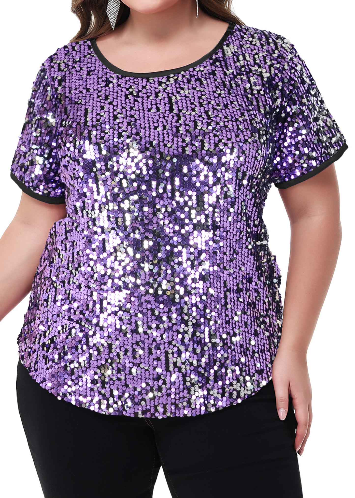 Anna-Kaci Womens Sequin Tops Plus Size Round Neck Sparkle Glitter Short Sleeve Party Tunic Blouse