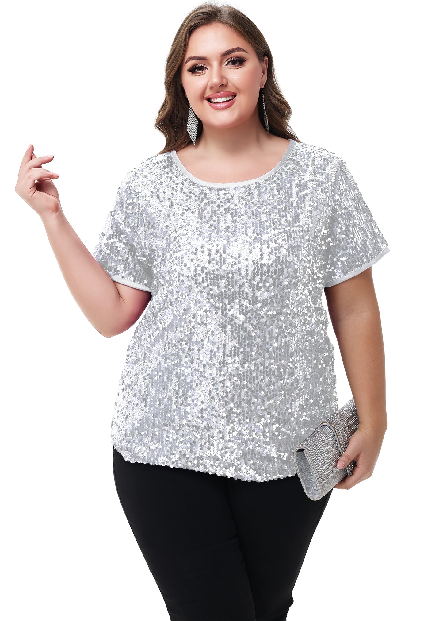 Anna-Kaci Womens Sequin Tops Plus Size Round Neck Sparkle Glitter Short Sleeve Party Tunic Blouse
