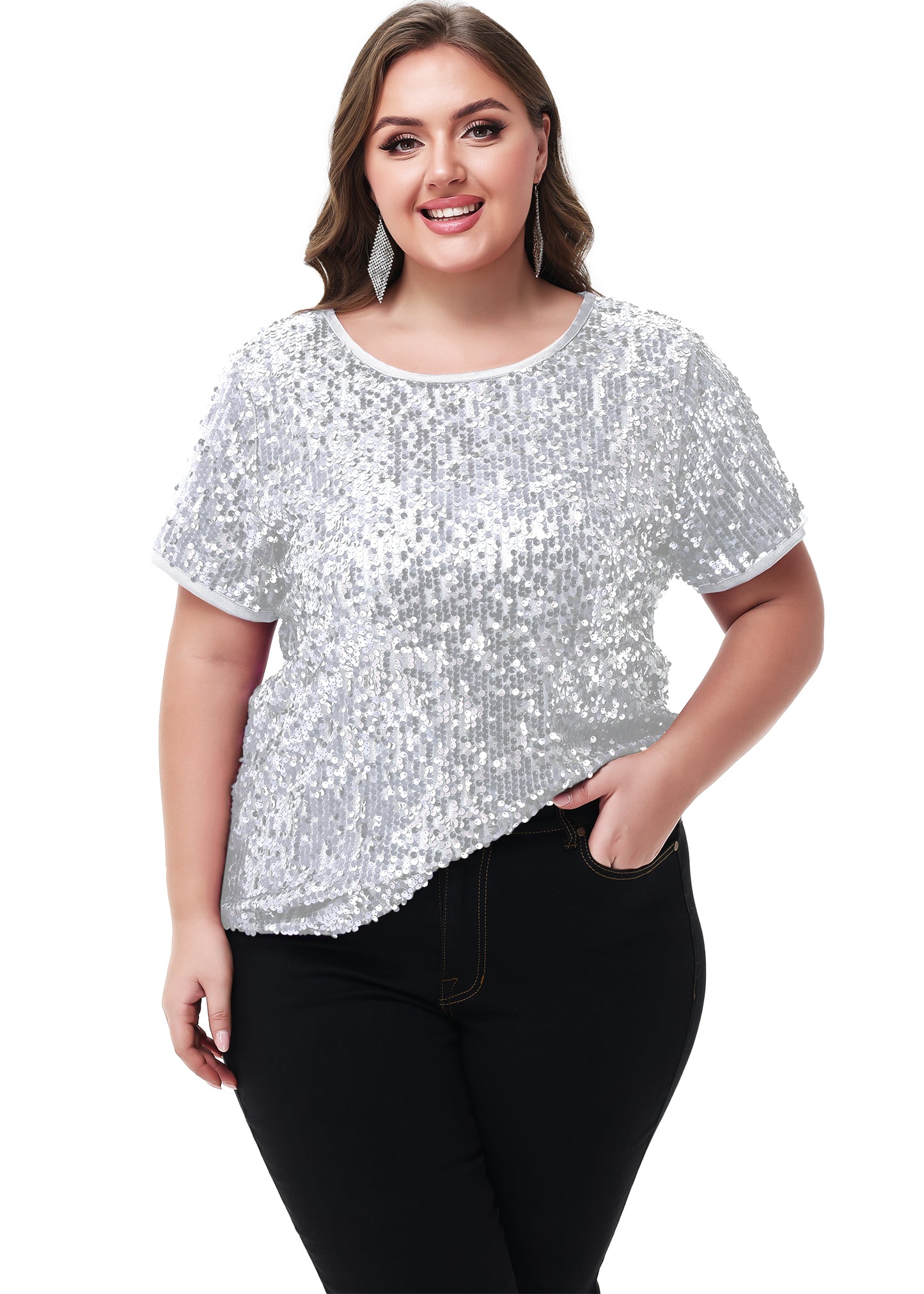 Anna-Kaci Womens Sequin Tops Plus Size Round Neck Sparkle Glitter Short Sleeve Party Tunic Blouse