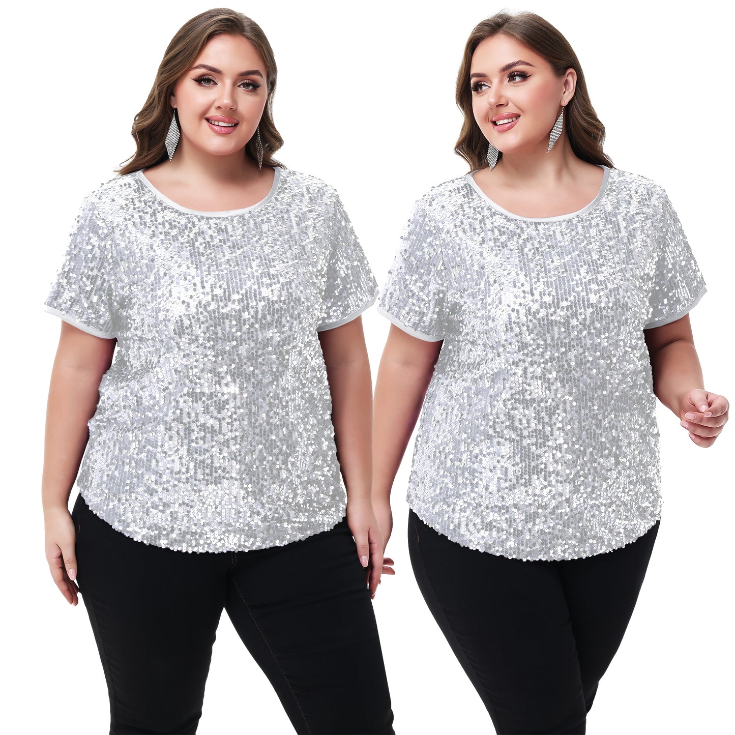 Anna-Kaci Womens Sequin Tops Plus Size Round Neck Sparkle Glitter Short Sleeve Party Tunic Blouse