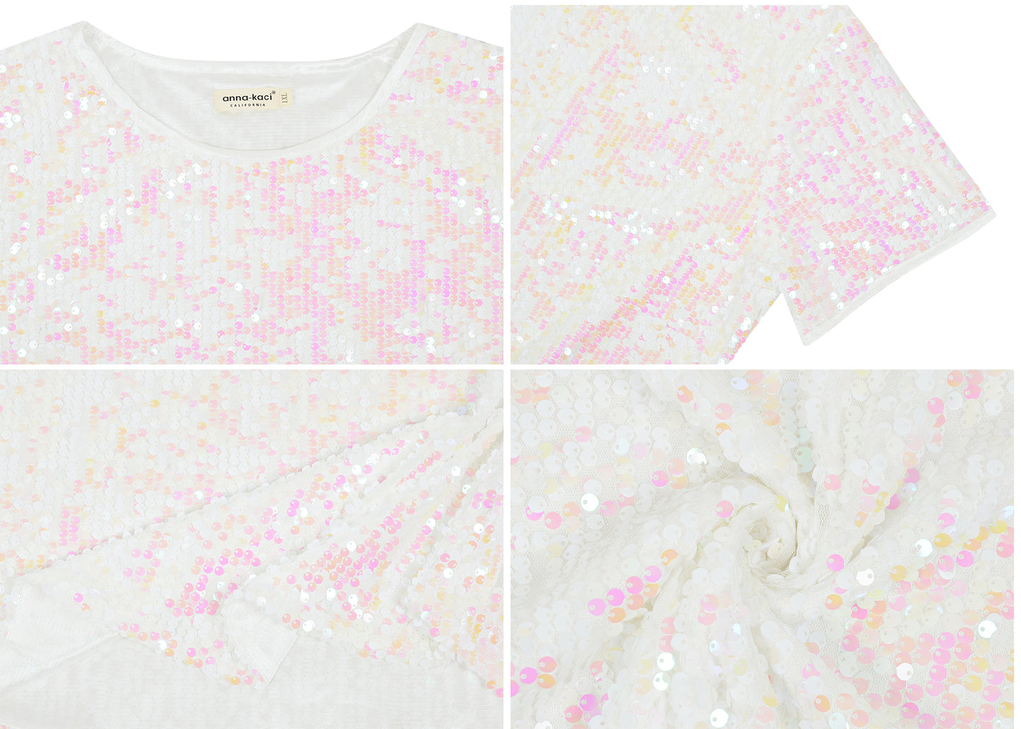Anna-Kaci Womens Sequin Tops Plus Size Round Neck Sparkle Glitter Short Sleeve Party Tunic Blouse