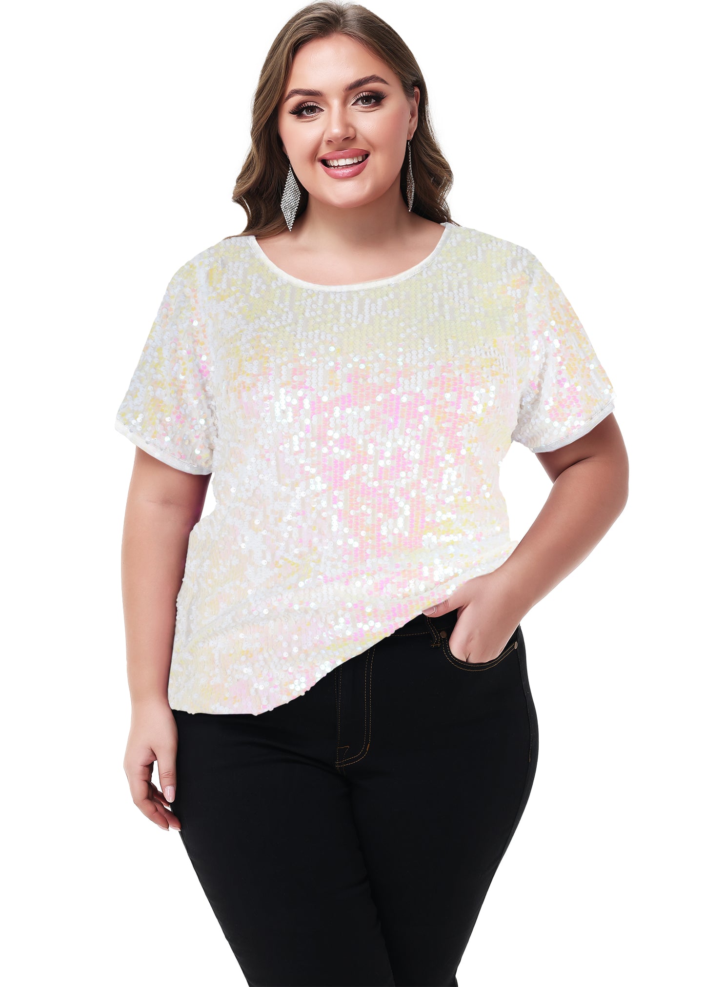Anna-Kaci Womens Sequin Tops Plus Size Round Neck Sparkle Glitter Short Sleeve Party Tunic Blouse