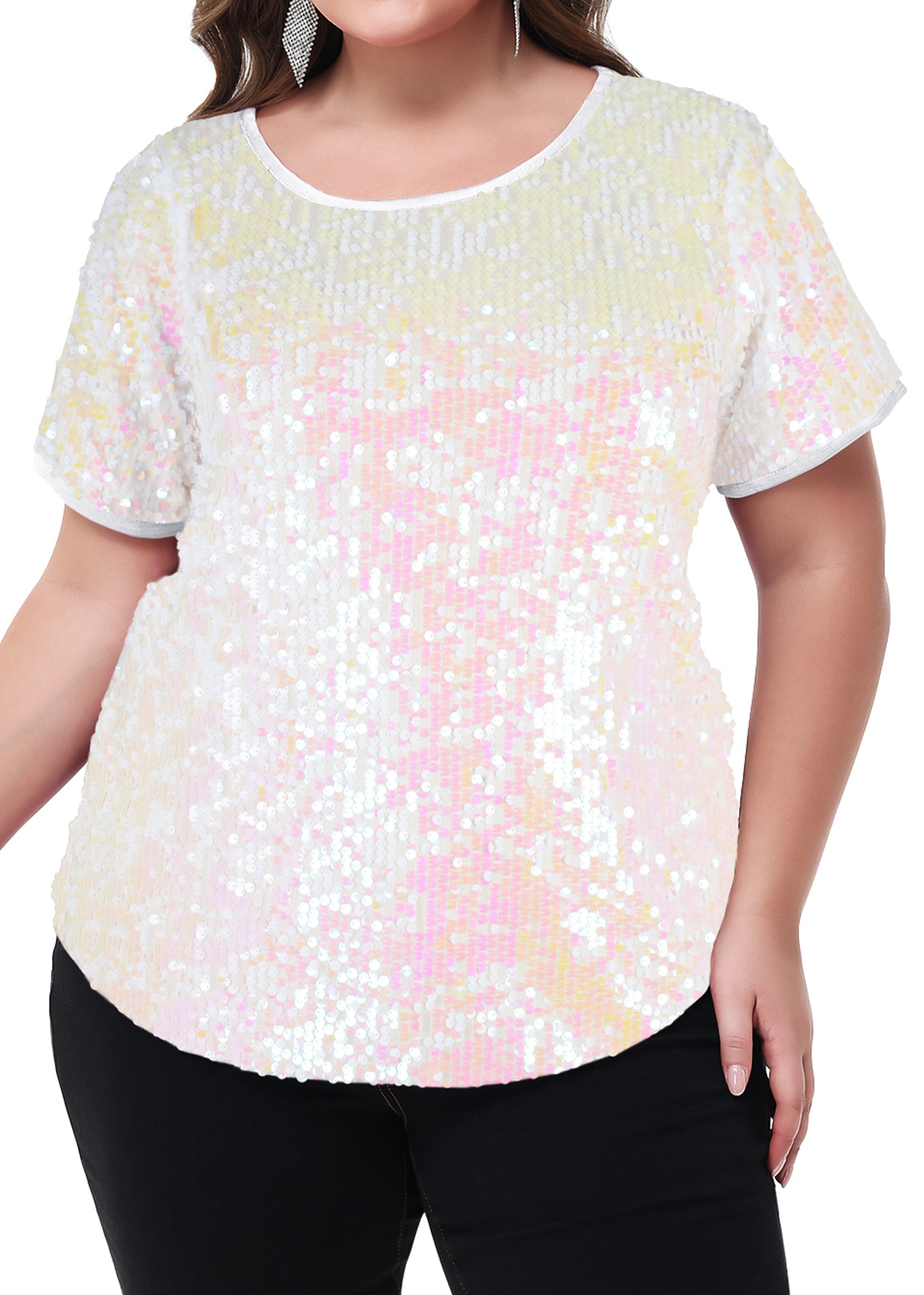 Anna-Kaci Womens Sequin Tops Plus Size Round Neck Sparkle Glitter Short Sleeve Party Tunic Blouse