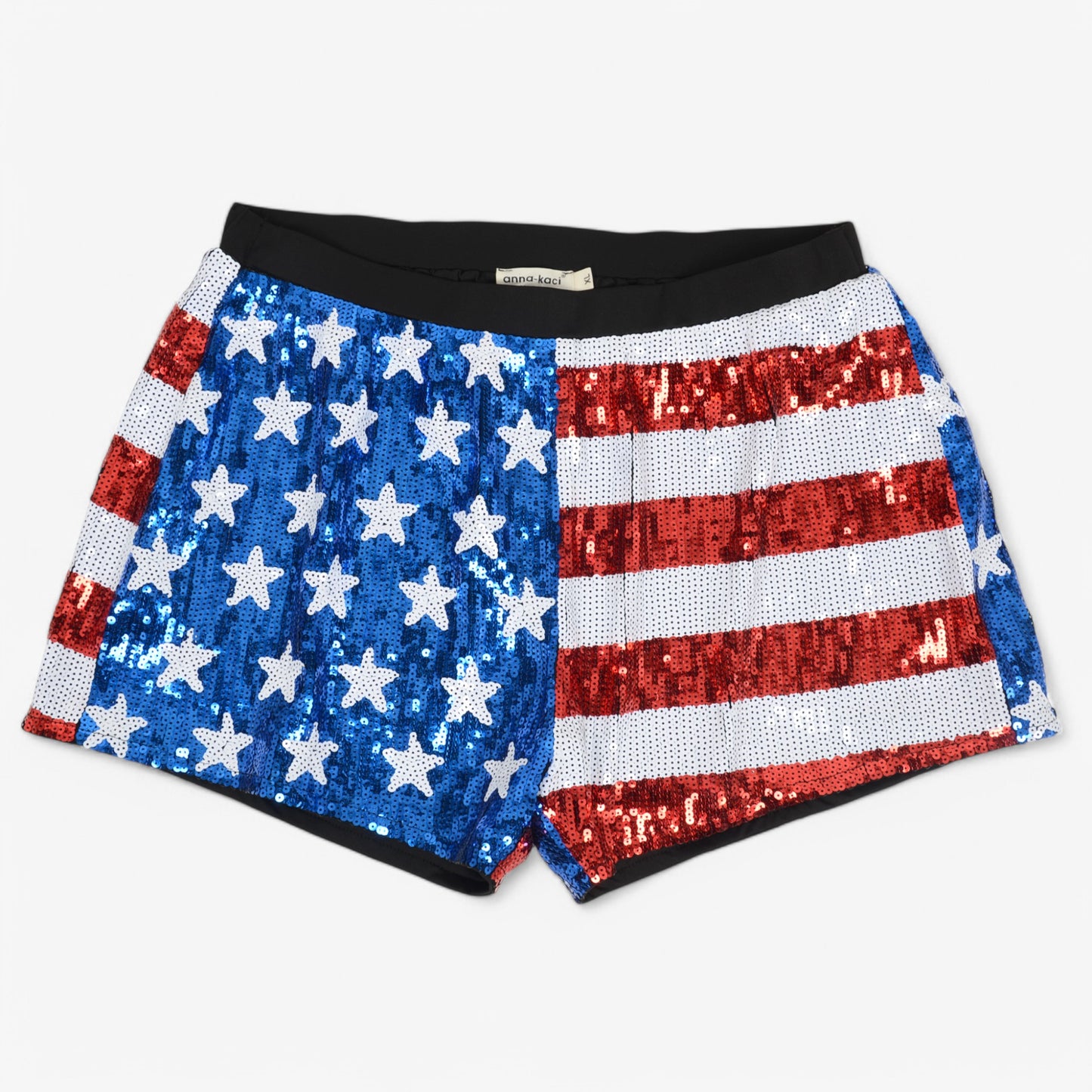 Anna-Kaci Women's Sequin High-Waisted Shorts with Star and Stripe Pattern