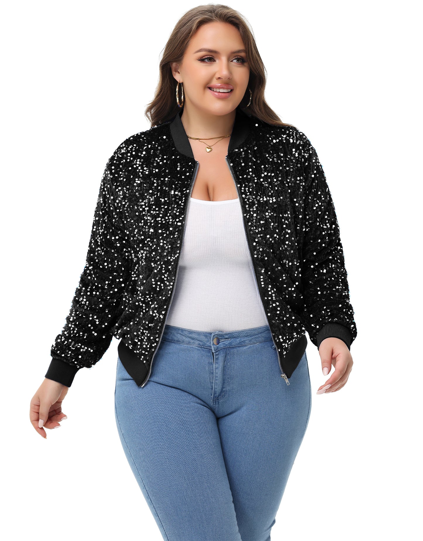Anna-Kaci Women's Sequin Jacket Plus Size Sparkly Zip Bomber Coat With Pockets For Concert Party
