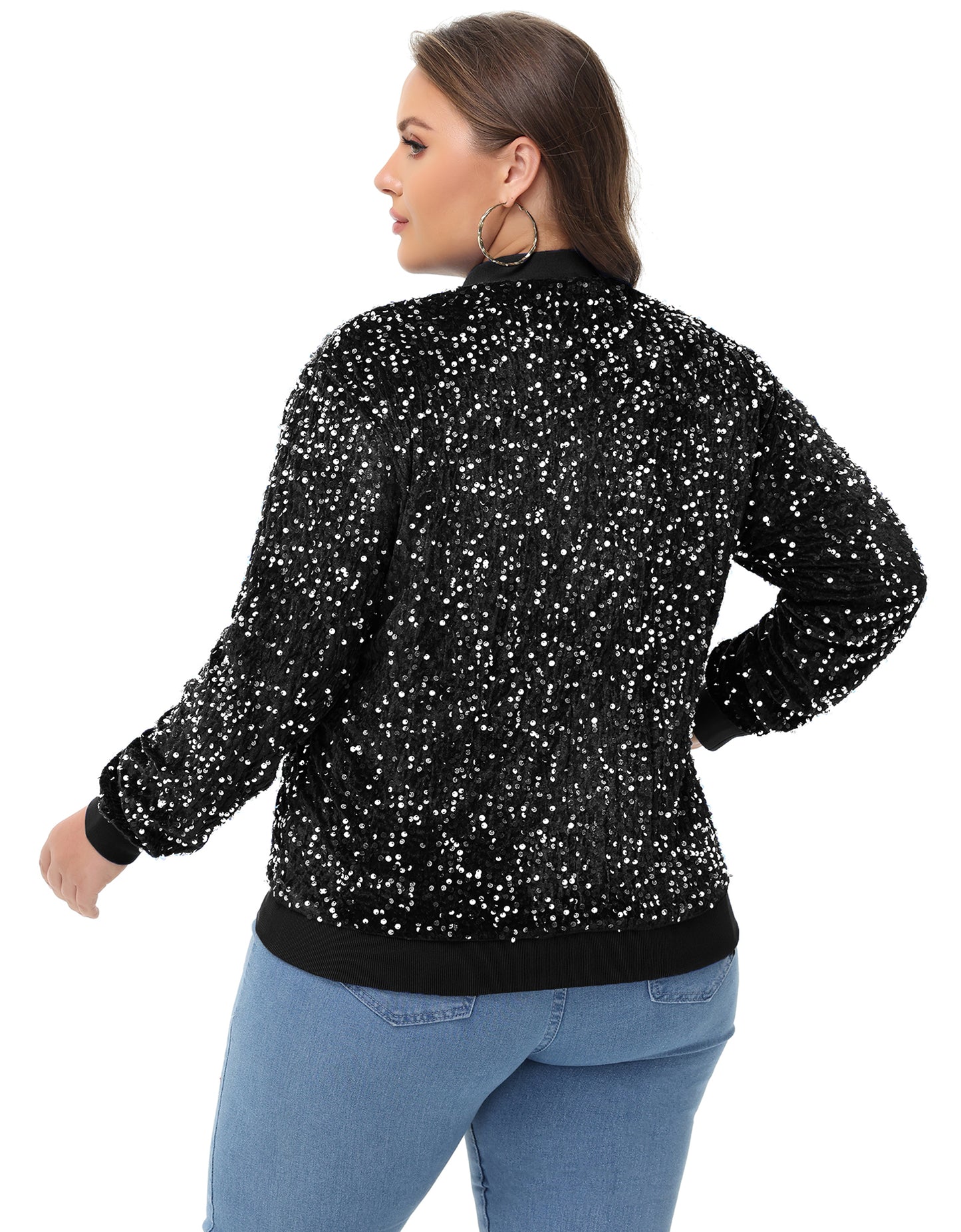 Anna-Kaci Women's Sequin Jacket Plus Size Sparkly Zip Bomber Coat With Pockets For Concert Party