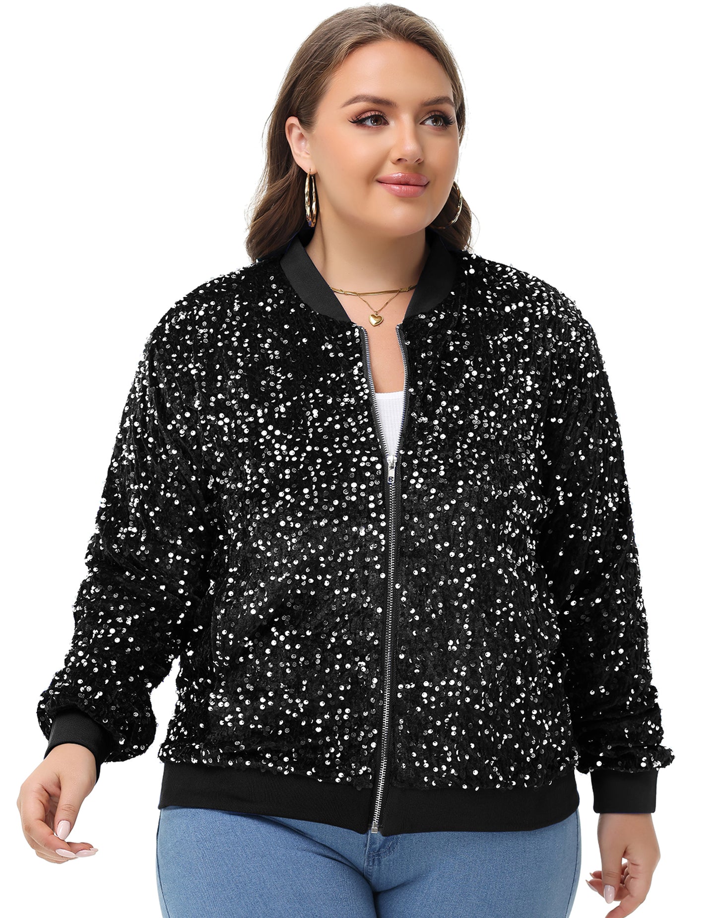 Anna-Kaci Women's Sequin Jacket Plus Size Sparkly Zip Bomber Coat With Pockets For Concert Party