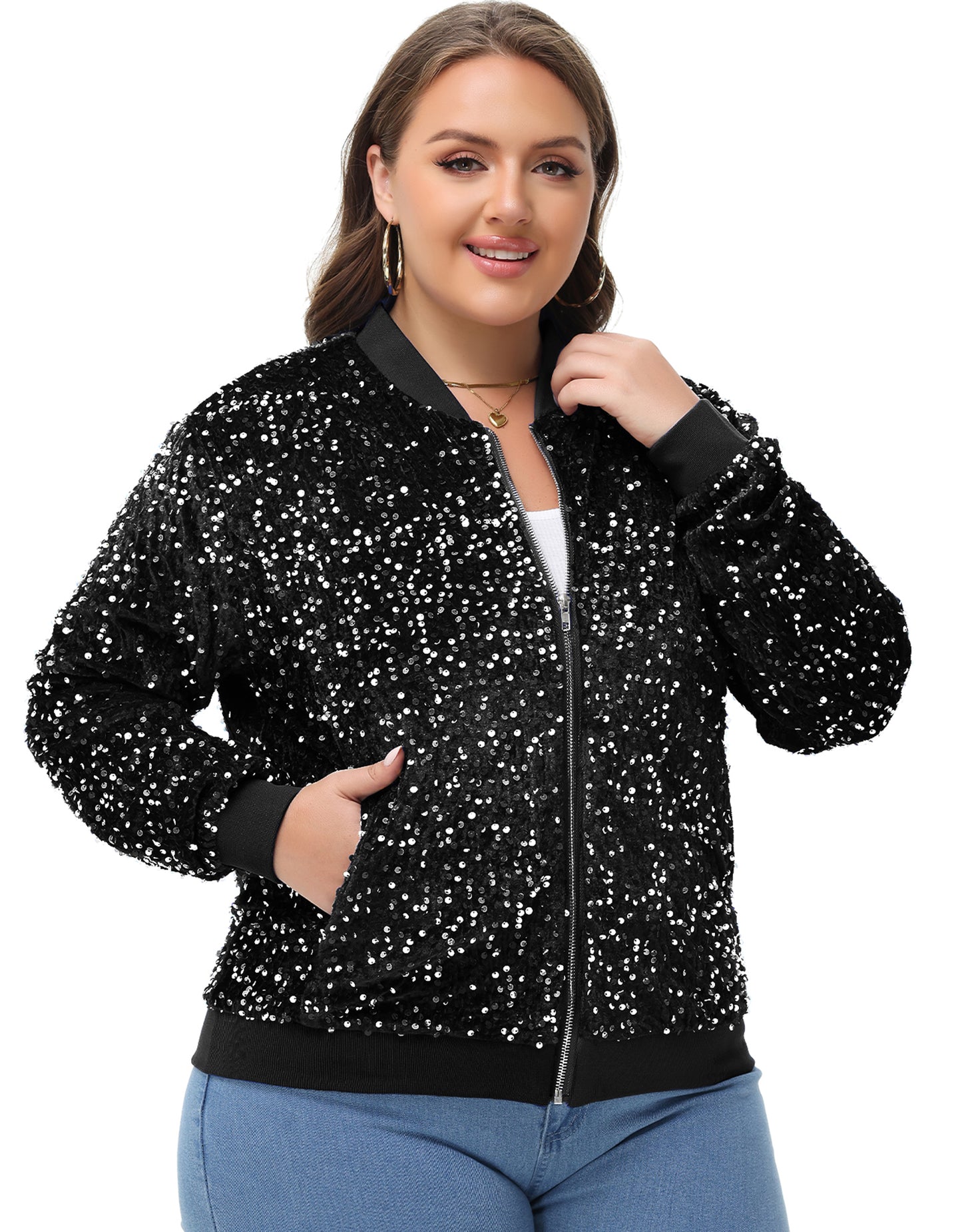 Anna-Kaci Women's Sequin Jacket Plus Size Sparkly Zip Bomber Coat With Pockets For Concert Party