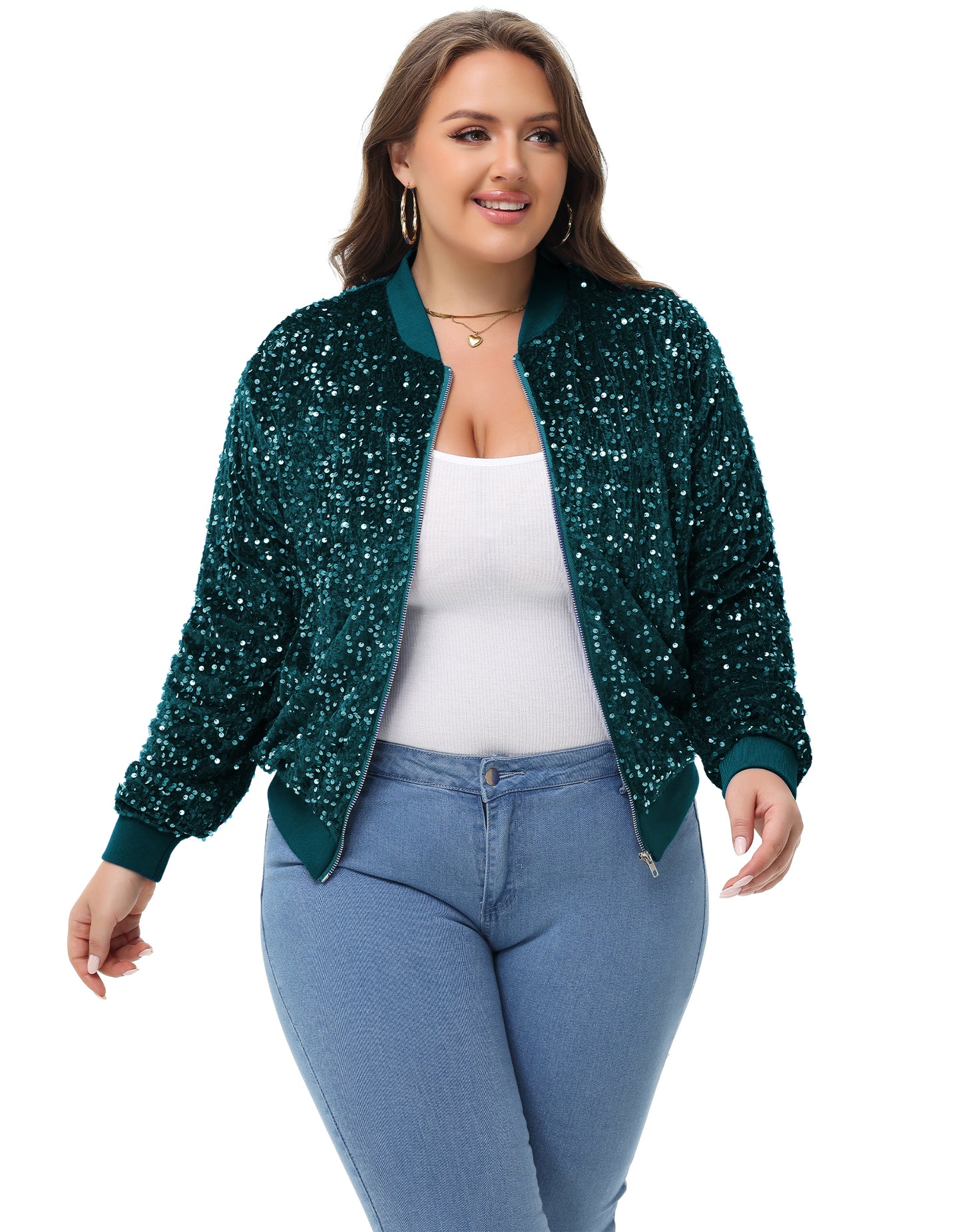 Anna-Kaci Women's Sequin Jacket Plus Size Sparkly Zip Bomber Coat With Pockets For Concert Party