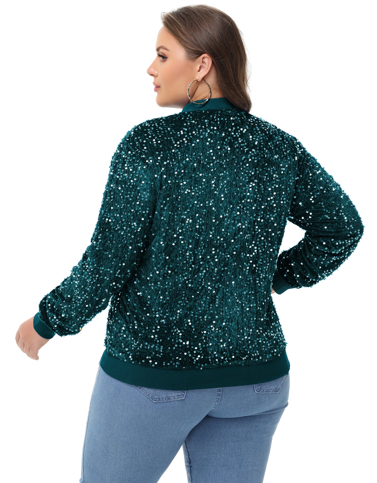 Anna-Kaci Women's Sequin Jacket Plus Size Sparkly Zip Bomber Coat With Pockets For Concert Party