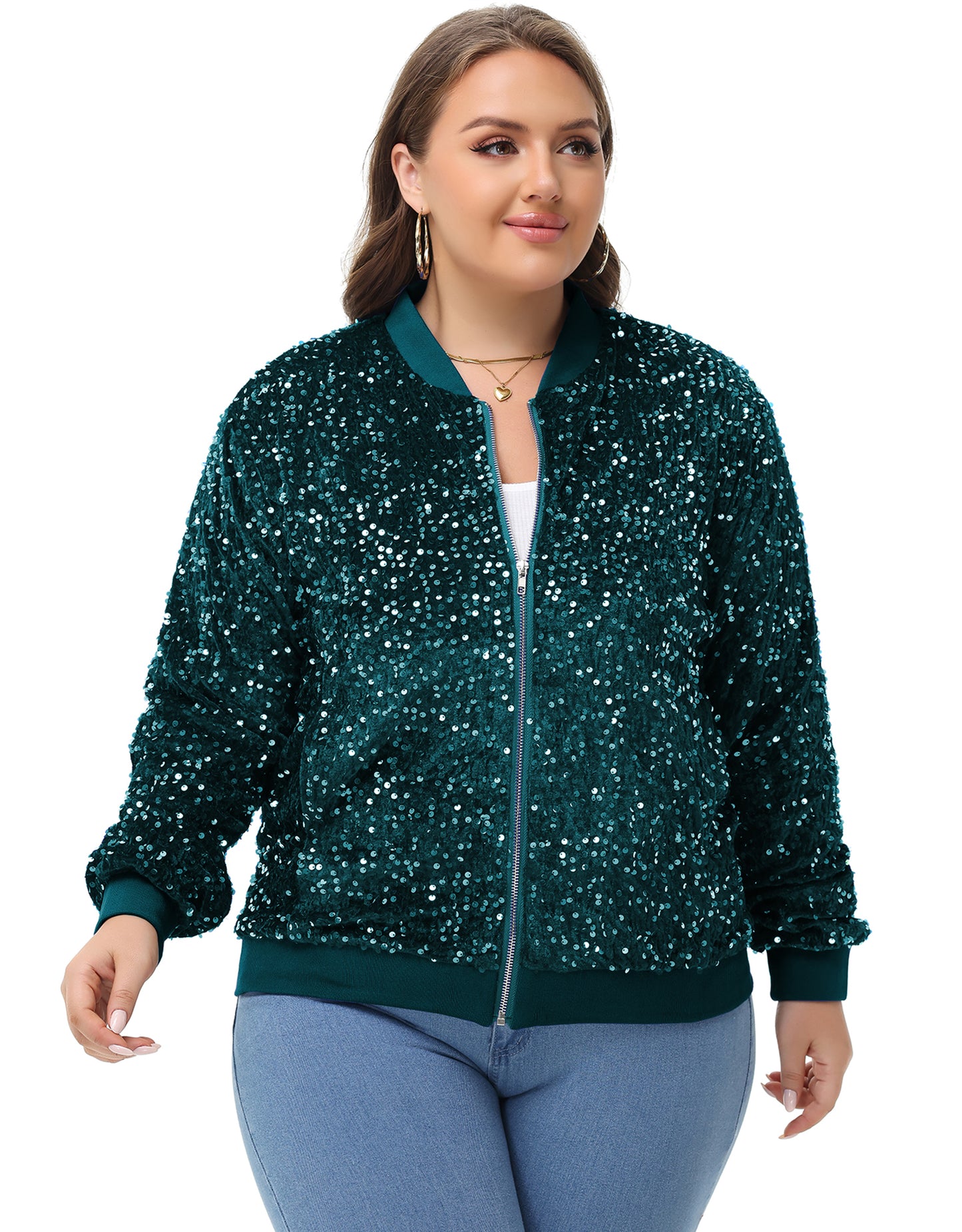 Anna-Kaci Women's Sequin Jacket Plus Size Sparkly Zip Bomber Coat With Pockets For Concert Party