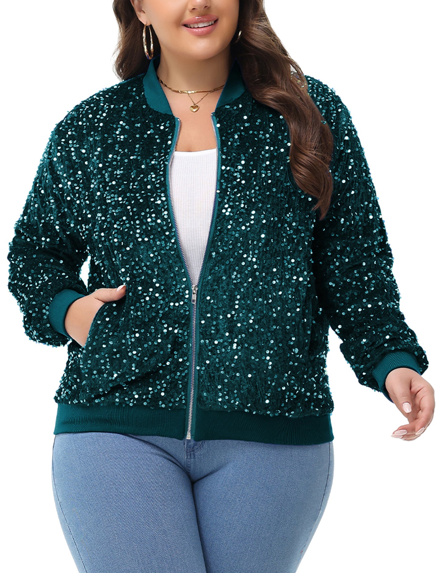 Anna-Kaci Women's Sequin Jacket Plus Size Sparkly Zip Bomber Coat With Pockets For Concert Party