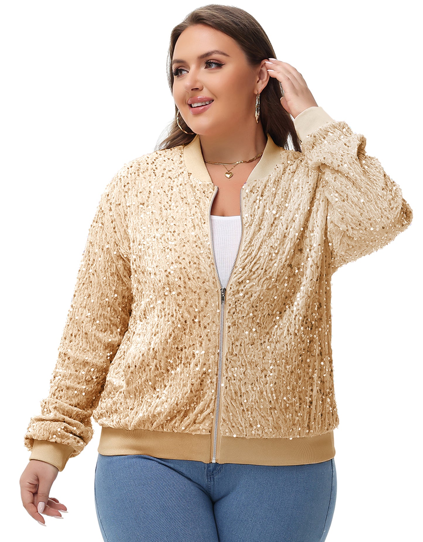 Anna-Kaci Women's Sequin Jacket Plus Size Sparkly Zip Bomber Coat With Pockets For Concert Party