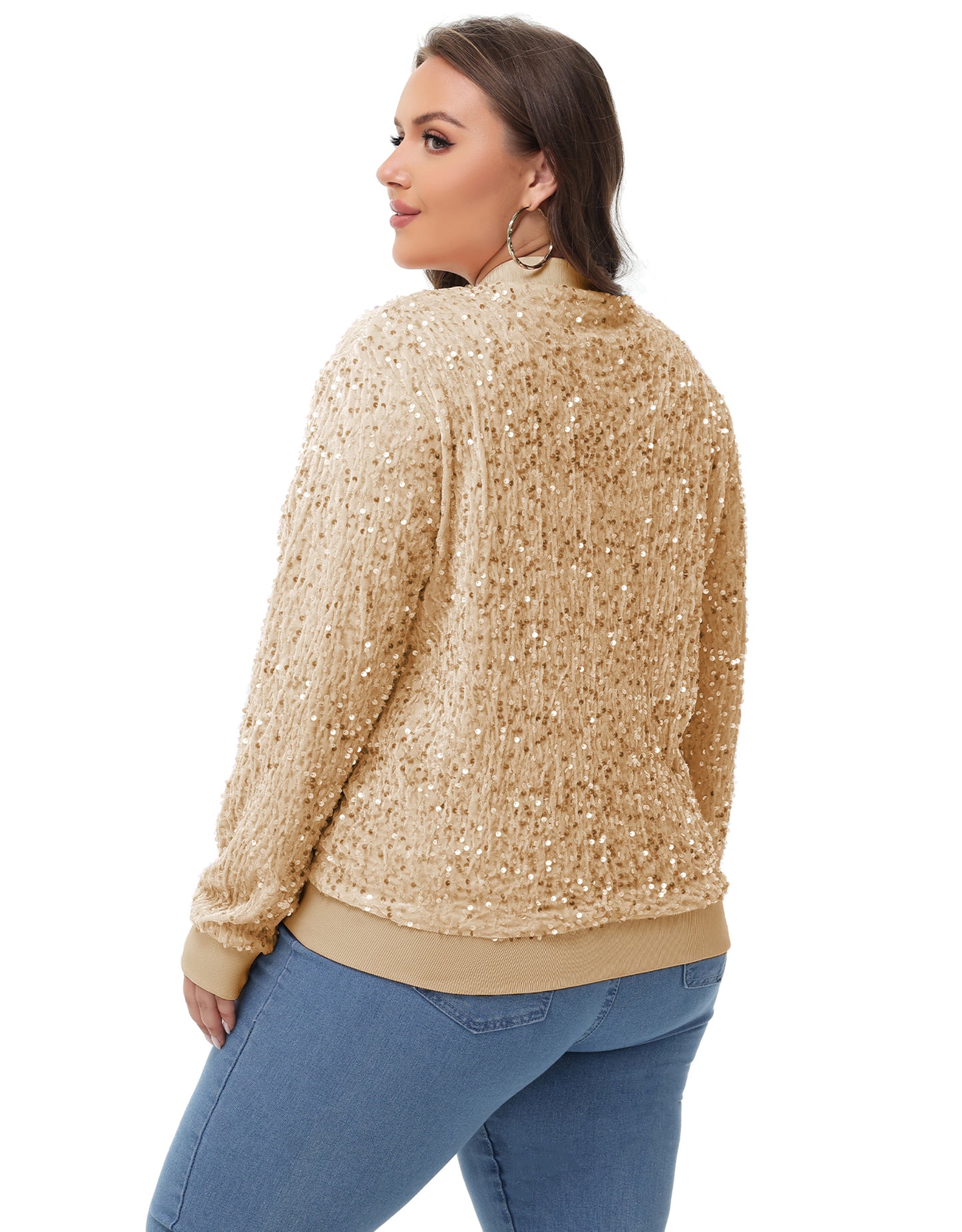 Anna-Kaci Women's Sequin Jacket Plus Size Sparkly Zip Bomber Coat With Pockets For Concert Party