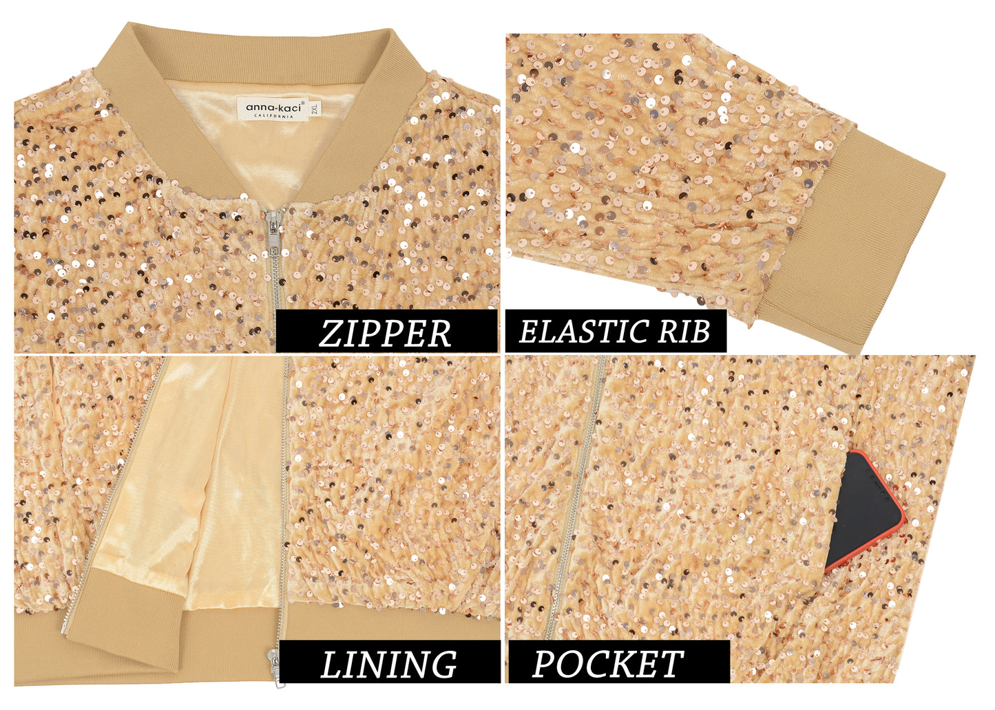 Anna-Kaci Women's Sequin Jacket Plus Size Sparkly Zip Bomber Coat With Pockets For Concert Party