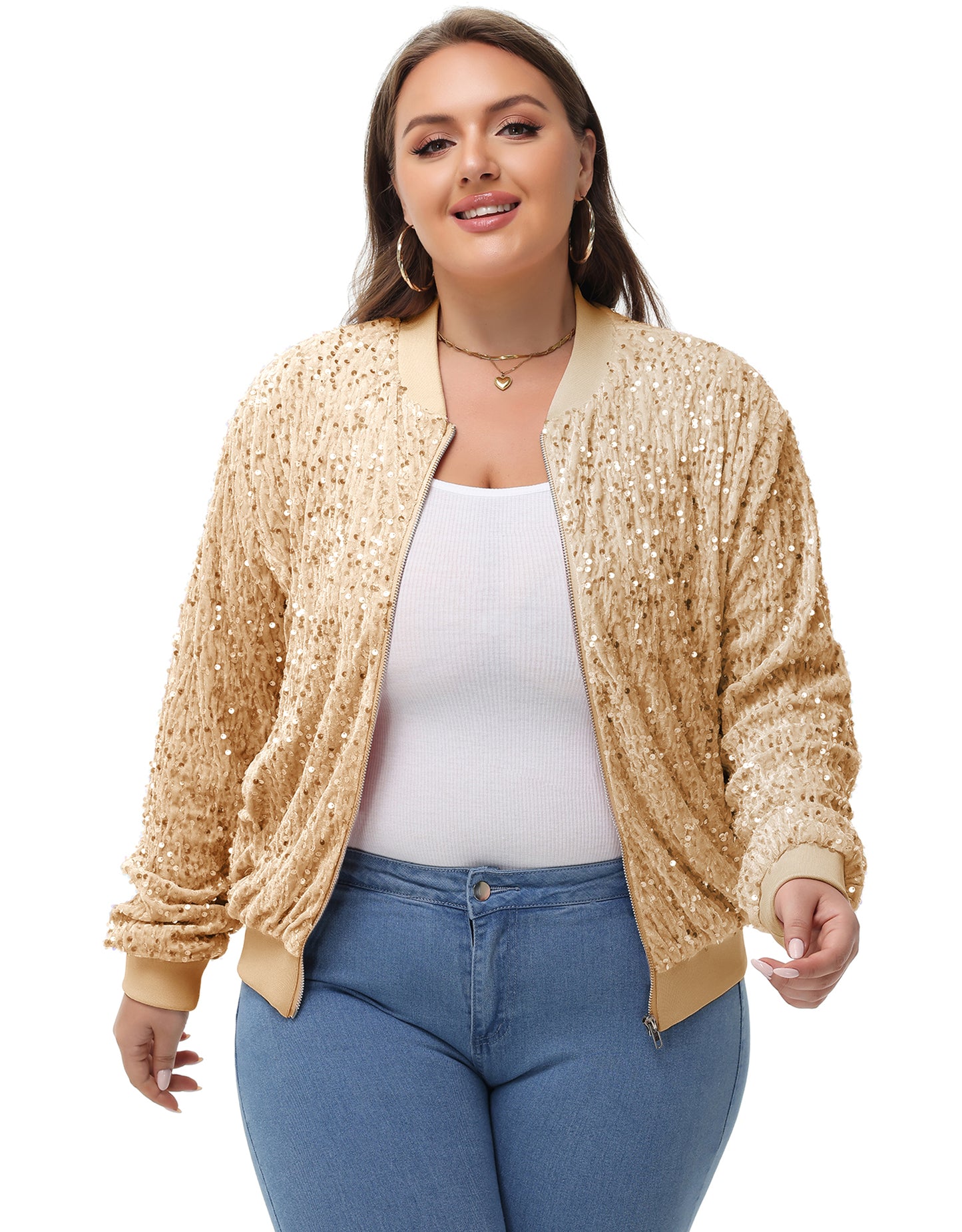 Anna-Kaci Women's Sequin Jacket Plus Size Sparkly Zip Bomber Coat With Pockets For Concert Party