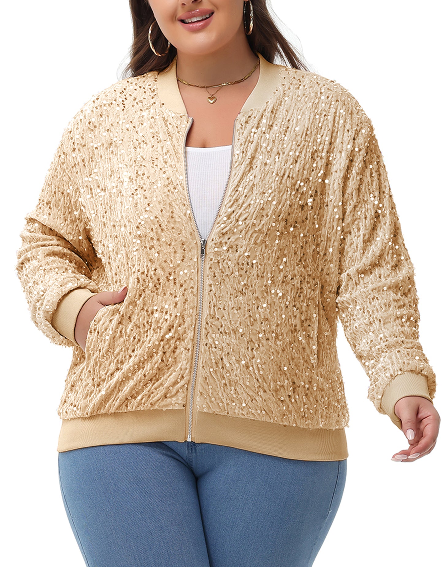 Anna-Kaci Women's Sequin Jacket Plus Size Sparkly Zip Bomber Coat With Pockets For Concert Party
