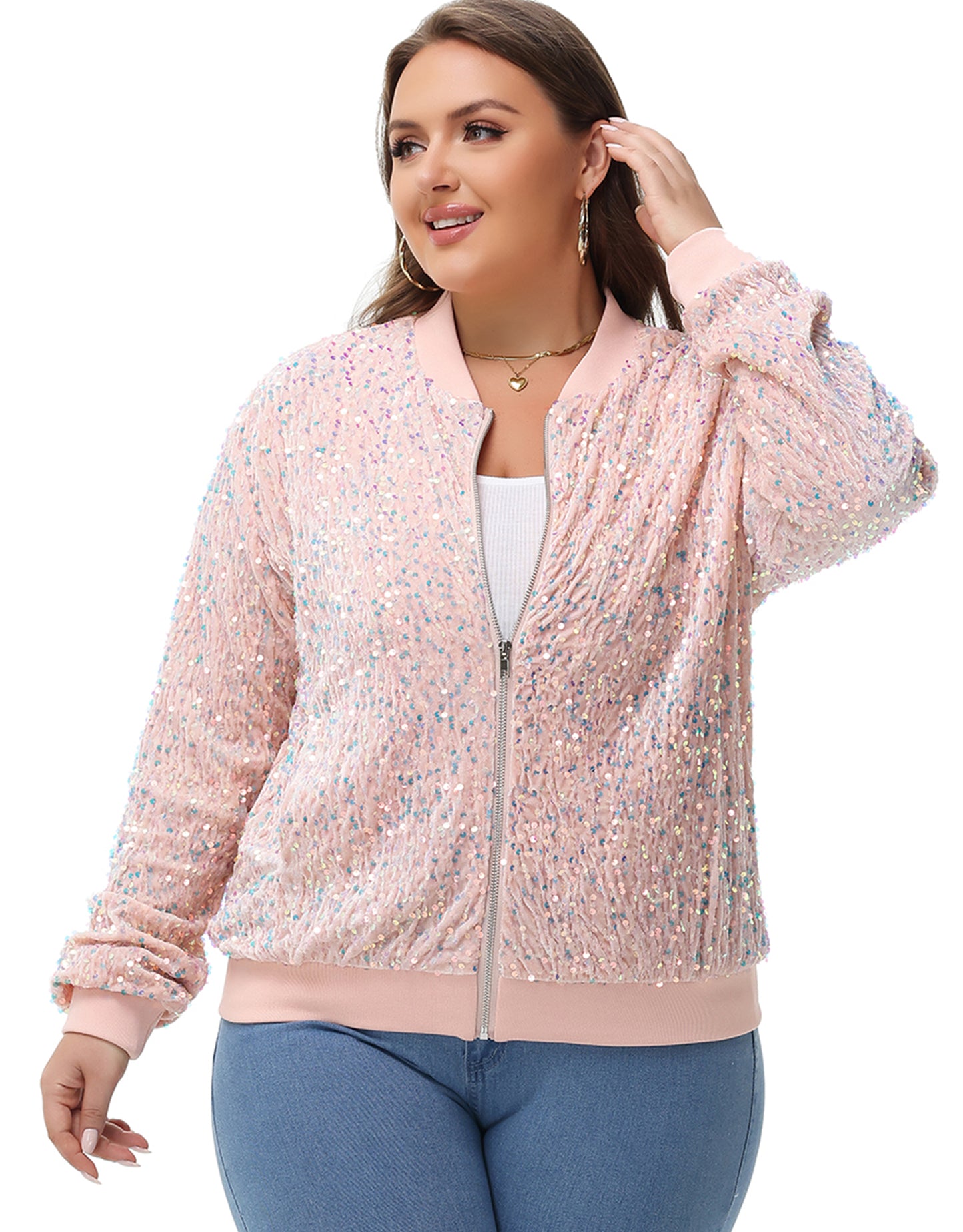 Anna-Kaci Women's Sequin Jacket Plus Size Sparkly Zip Bomber Coat With Pockets For Concert Party